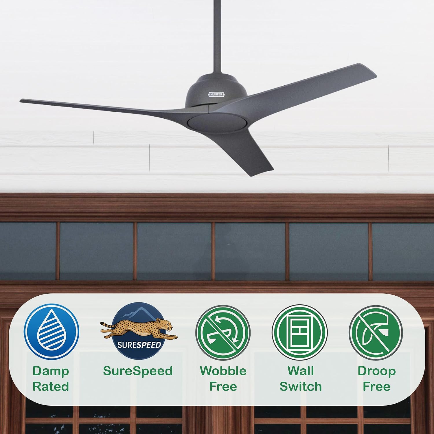 Hunter Fan 52 inch Ceiling Fan with No Light, Outdoor or Indoor Matte Black Ceiling Fan for Porch, Living Room, Office, Kitchen, Garage, 3 Blades (Renewed)