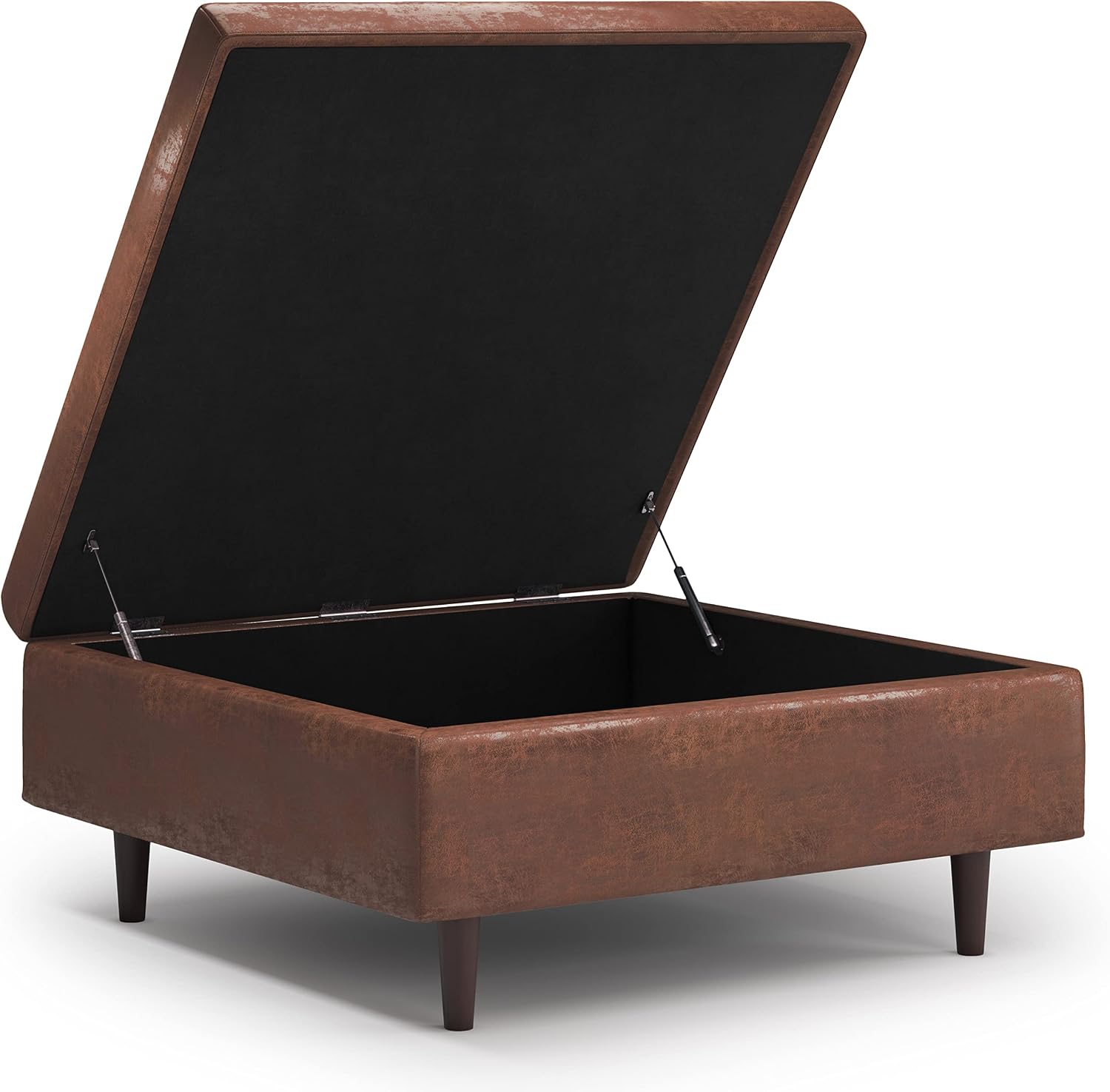 SIMPLIHOME Shay Coffee Table Storage Ottoman - 38 inch Wide Upholstered Vegan Leather Large Square Ottoman in Distressed Saddle Brown, Mid-Century Modern Tufted Ottoman for Living Room with Lift Top