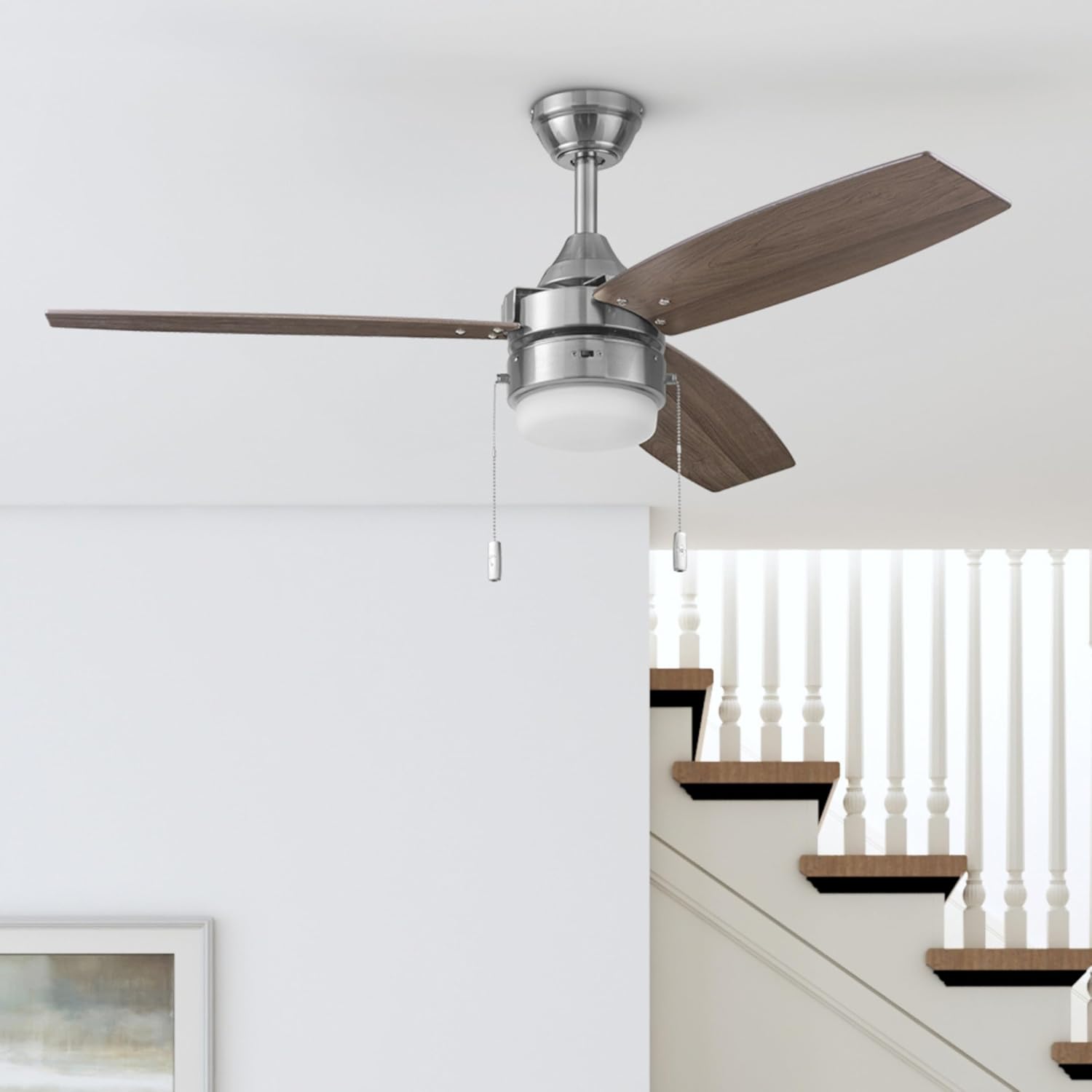 Honeywell Ceiling Fans Berryhill, 48 Inch Ceiling Fan with Color Changing LED Light, Pull Chain, Dual Mounting Options, 3 Dual Finish Blades, Reversible Airflow - 51857-01 (Brushed Nickel)