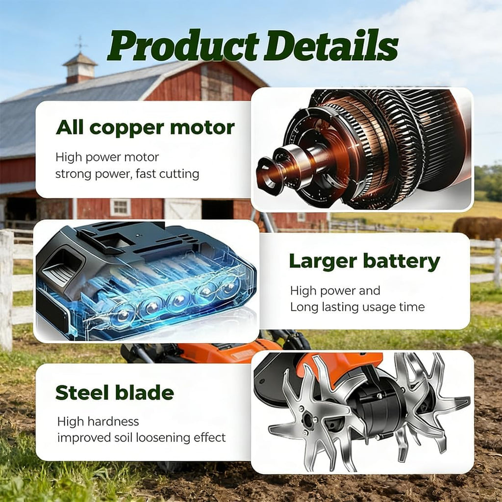 21V Cordless Mini Tiller Cultivator, 400RPM Cultivators for Gardening & Composting with 48 Steel Tines&Dual Batteries,9'Tilling Width and 6.7'Depth Garden Weeders and Cultivators (Weeder-2 batteries)