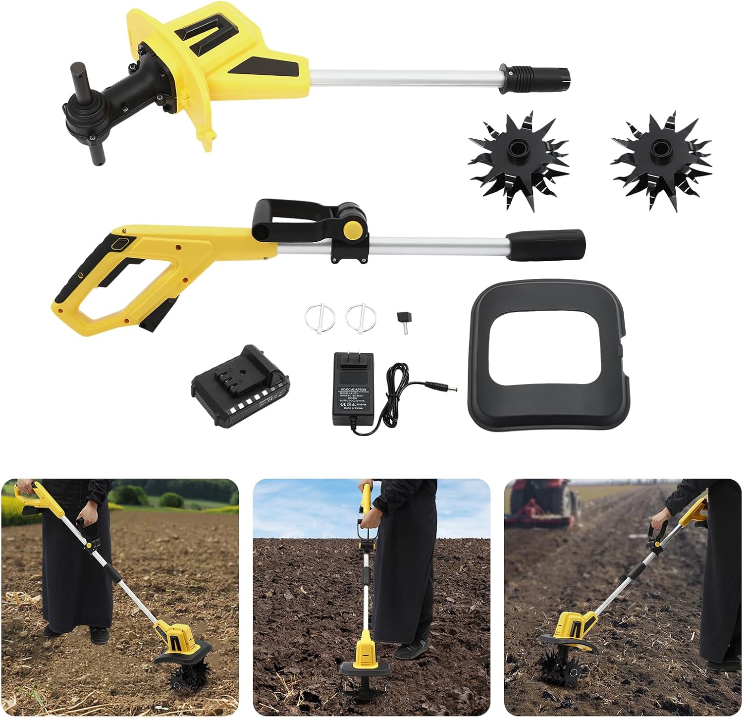 Cordless Tiller Cultivator 20V Battery Powered Electric Tilling Machine 8.66' Tilling Wide 6.3' Deep Portable Garden Cultivator(2000mAh Battery and Charger Included)