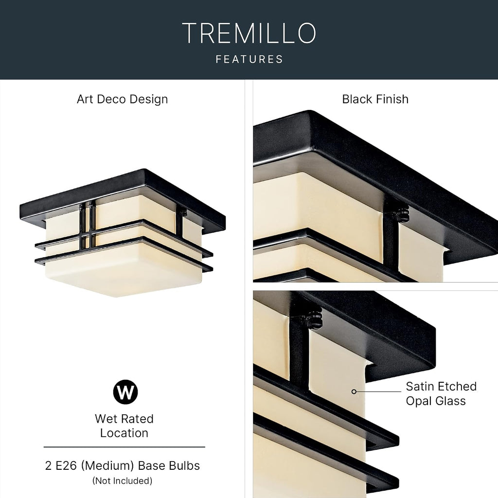 Kichler Tremillo 11.5' Outdoor Semi Flush Light in Black, 2-Light Exterior Ceiling Light with Satin Etched Cased Opal Glass, (11.5' W x 6.5' H), 49206BK