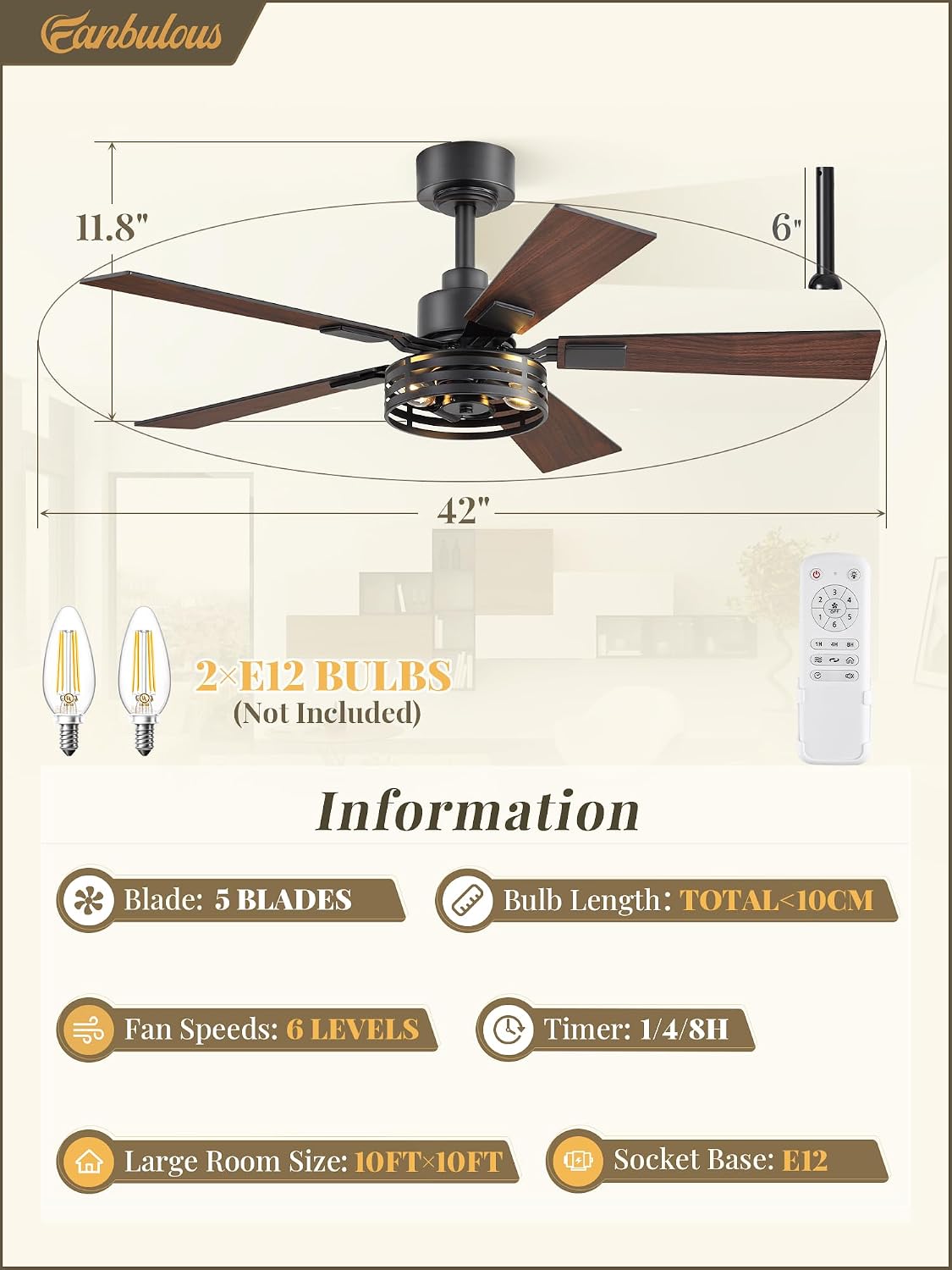 42 Inch Farmhouse Ceiling Fan with Lights 2 Pack, Rustic Black Ceiling Fans with Remote, 5 Dual Finish Blades, Quiet 6 Speed Reversible DC Motor, Caged Industrial Fan for Bedroom, Living Room, Patio