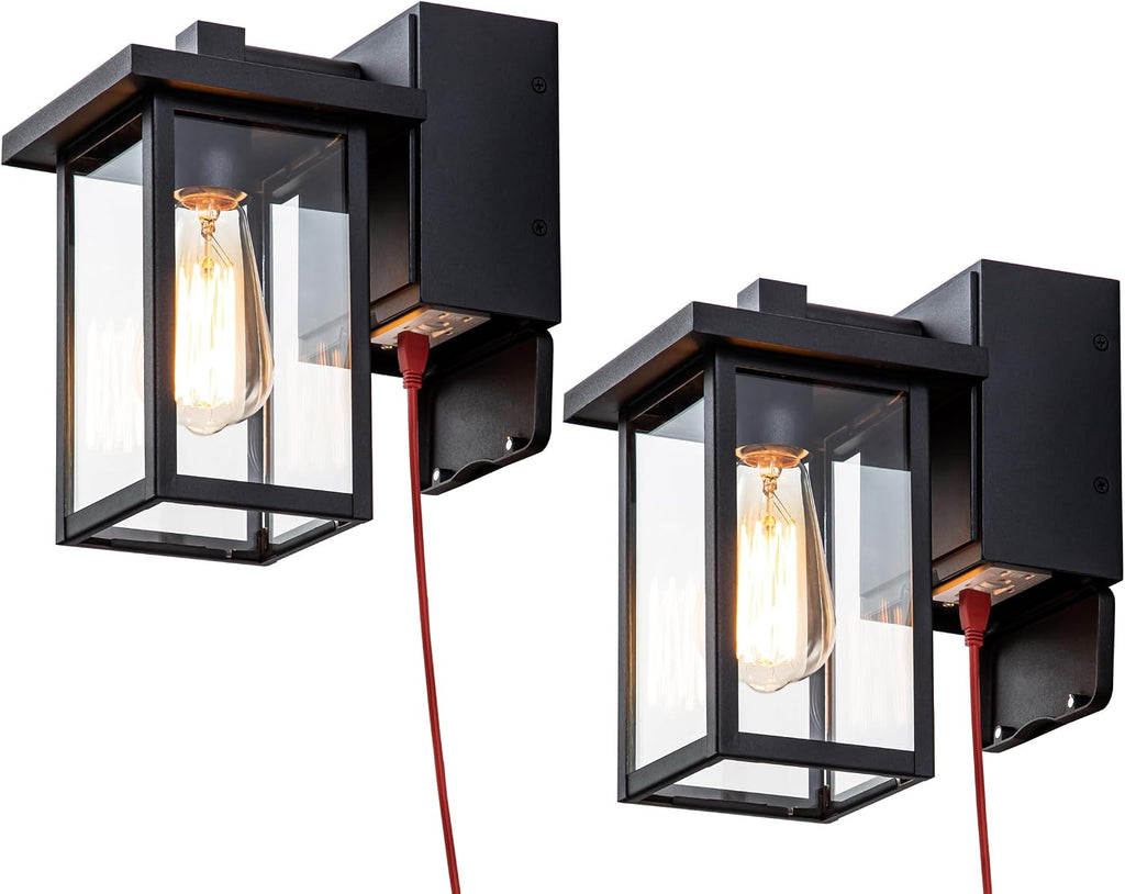 Outdoor Lights with GFCI Outlet, Black Front Porch Lights, Exterior Lighting Fixture with Outlet, Waterproof Outdoor Wall Sconce Wall Mount for House Garage, Patio, 2 Packs