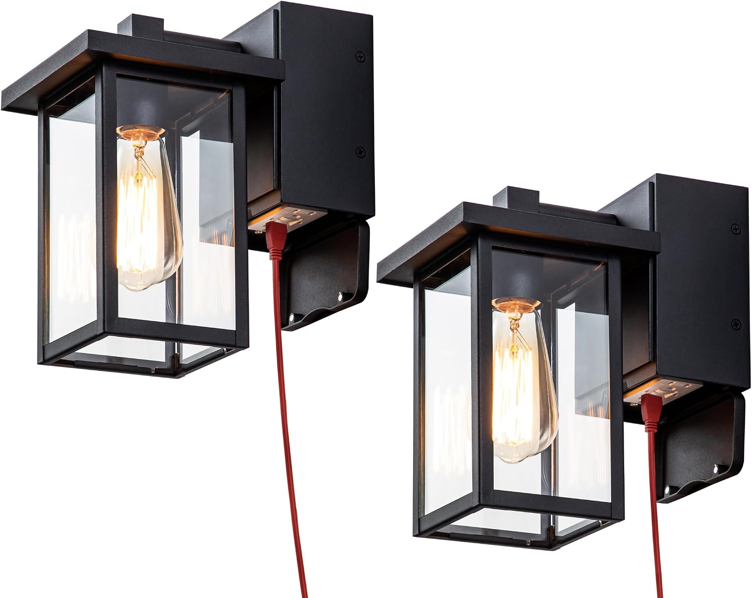 Outdoor Lights with GFCI Outlet, Black Front Porch Lights, Exterior Lighting Fixture with Outlet, Waterproof Outdoor Wall Sconce Wall Mount for House Garage, Patio, 2 Packs