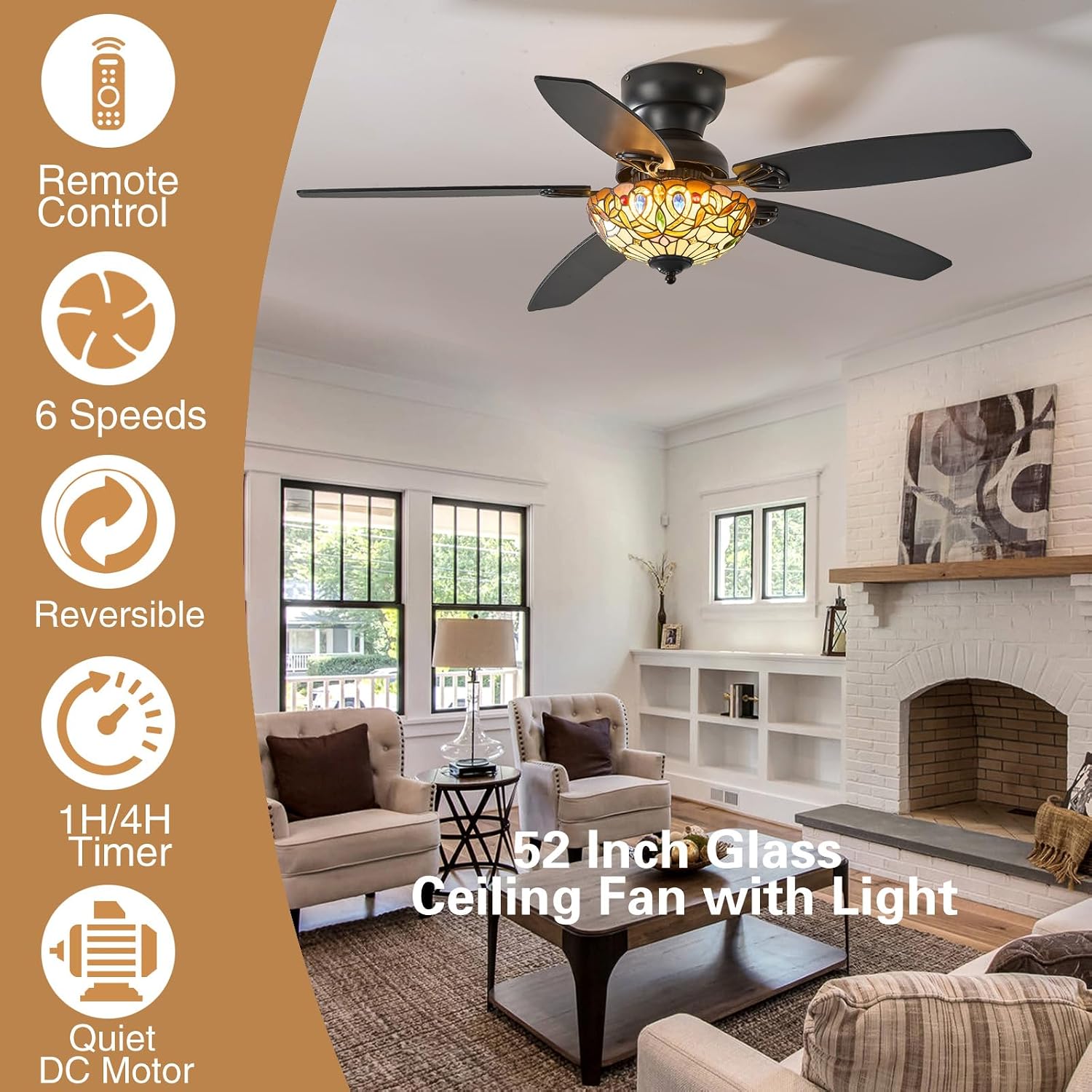 Ceiling Fans with Lights - 52' Ceiling Fan Chandelier with 5 Dual-Blades and Glass Shade, 6 Speeds and Reversible, Indoor and Outdoor, Retro Style