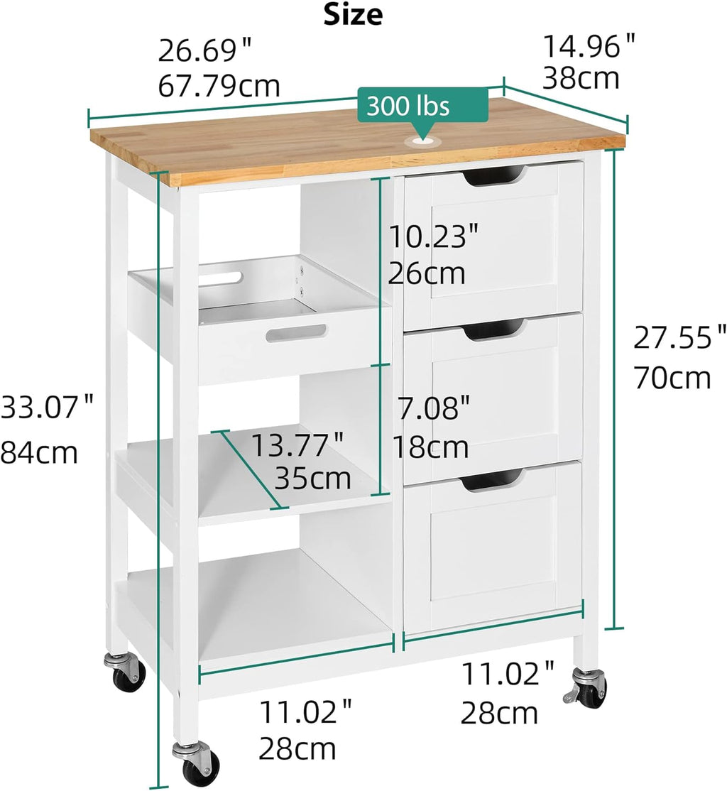 YITAHOME Small Solid Wood Top Kitchen Island Cart on Wheels with Storage, Rolling Portable Dining Room Serving Utility Carts Mobile Movable with 3 Drawers Cabinet, Oak & White