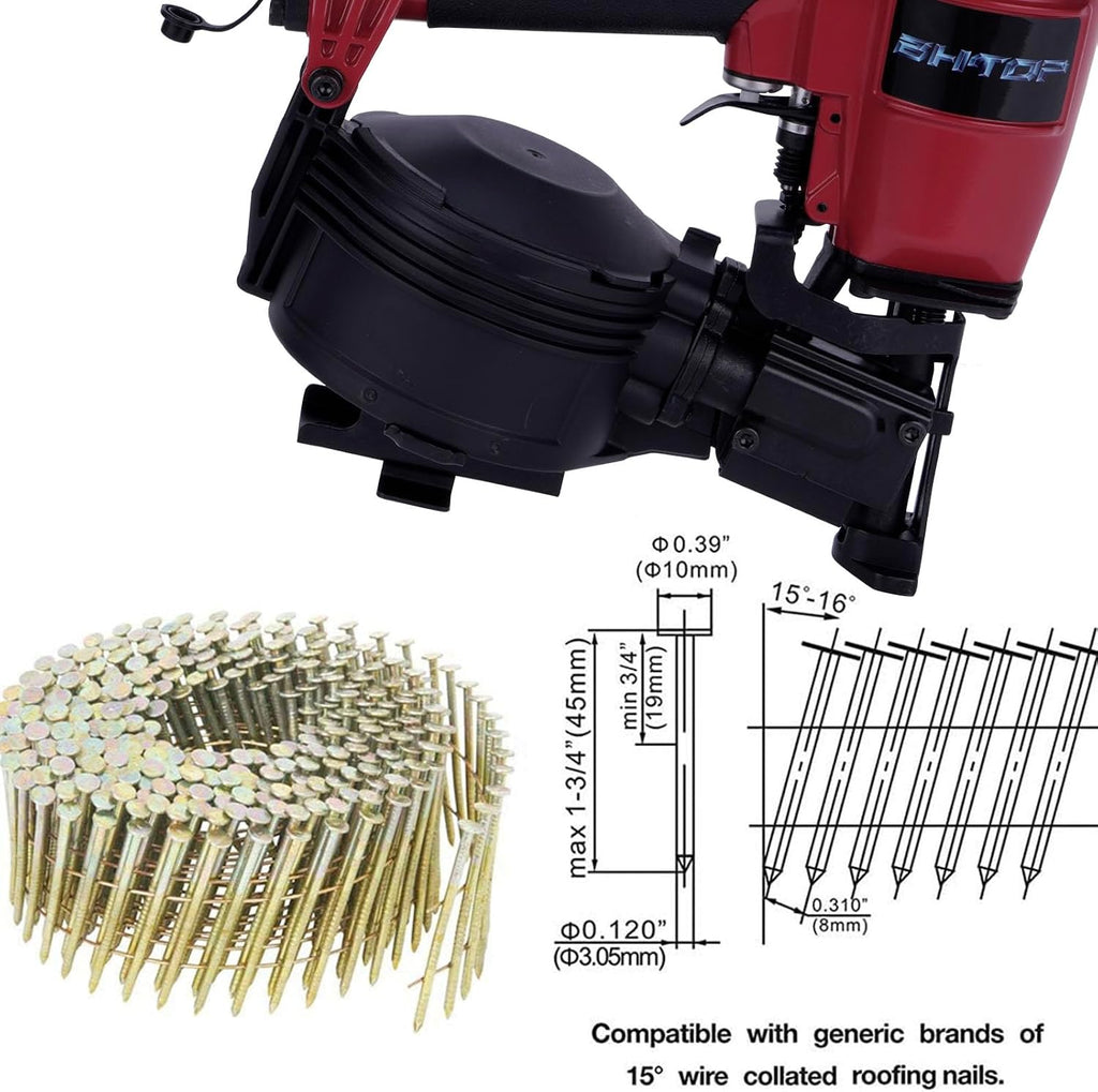 Mexican Red CN45N Roofing Nailer, 15 Degree Roofing Nail Gun, 3/4-Inch to 1-3/4-Inch Coil Nails, 120-pcs Load Capacity Coil Nailer