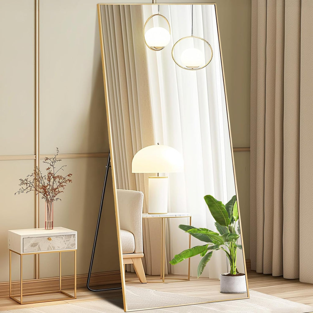DUMOS 26'x68' Full Length Mirror with Stand, Floor Standing Aluminum Frame, Shatter-Proof Nano Glass for Bedroom, Living Room, Cloakroom – Modern Simple Home Decor,Can Be Hanging or Leaning, Gold