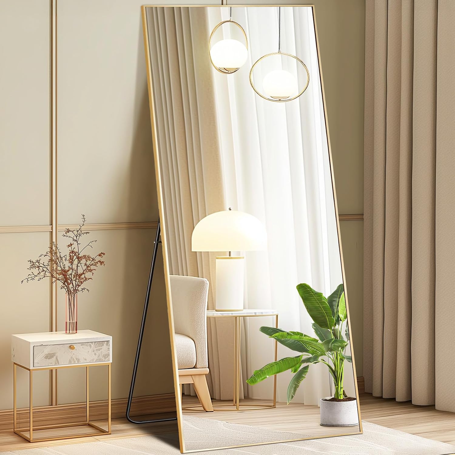 DUMOS 26'x68' Full Length Mirror with Stand, Floor Standing Aluminum Frame, Shatter-Proof Nano Glass for Bedroom, Living Room, Cloakroom – Modern Simple Home Decor,Can Be Hanging or Leaning, Gold