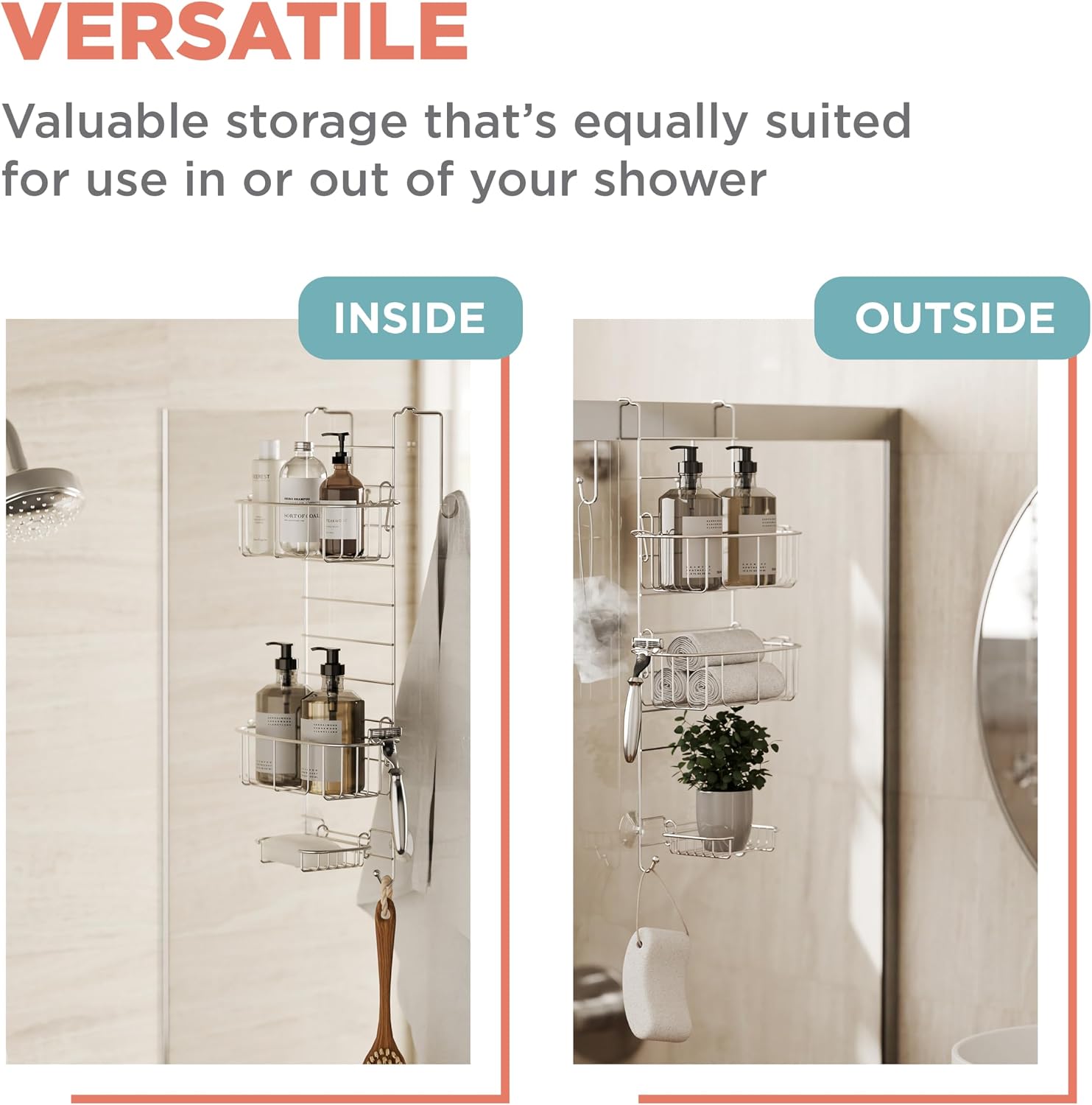 Zenna Home Shower Caddy Hanging Over the Shower Door Organizer, Stainless Steel Rack with 2 Shelves and Built in Hooks, Bathroom Organizer Shelf for Inside Shower, Stainless Steel