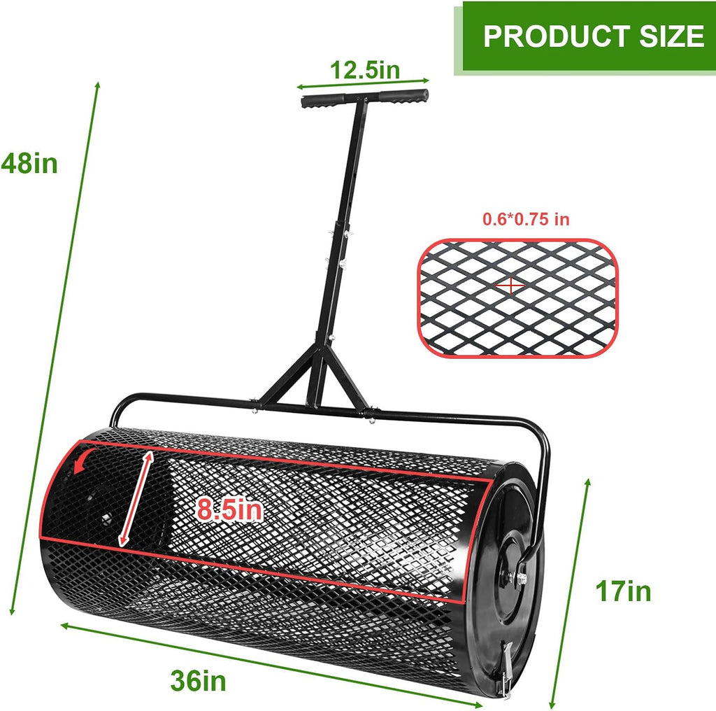 MAKEATREE 36 Inch Compost Spreader and Peat Moss Spreader, 36' Lawn Top Soil Spreader with Height Adjustable T Shaped Handle, Steel Mesh Basket Garden Spreader for Spreading Manure Topsoil, Black