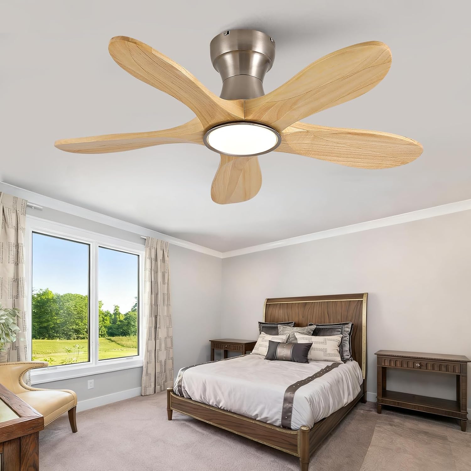 36 Inch Wood Flush Mount Ceiling Fans with Lights and Remote, Dimmable 5 Blade Wood Bedroom Ceiling Fan Outdoor Ceiling Fans for Patios Low Profile Ceiling Fan with Light for Bedroom Indoor