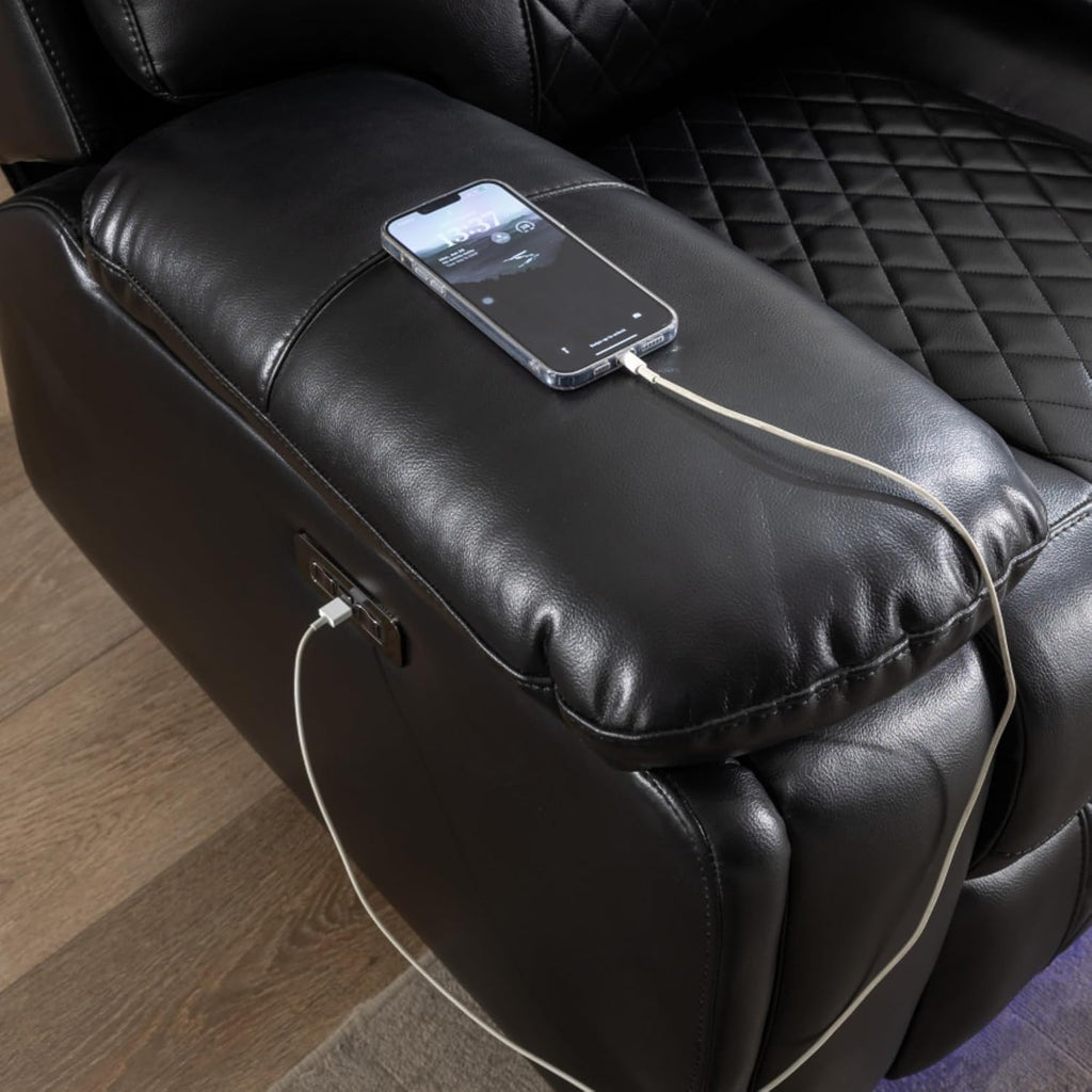 KEIKI Power Reclining Sofa Set with 1 Oversized Technical Leather Loveseat Sofa, Electric Control 2 Seat Couch Set with Cup Holder, Storage Armrest for Living Room, Black