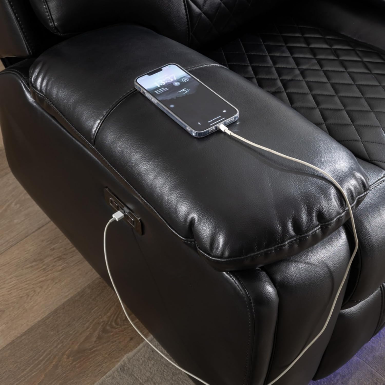 KEIKI Power Reclining Sofa Set with 1 Oversized Technical Leather Loveseat Sofa, Electric Control 2 Seat Couch Set with Cup Holder, Storage Armrest for Living Room, Black