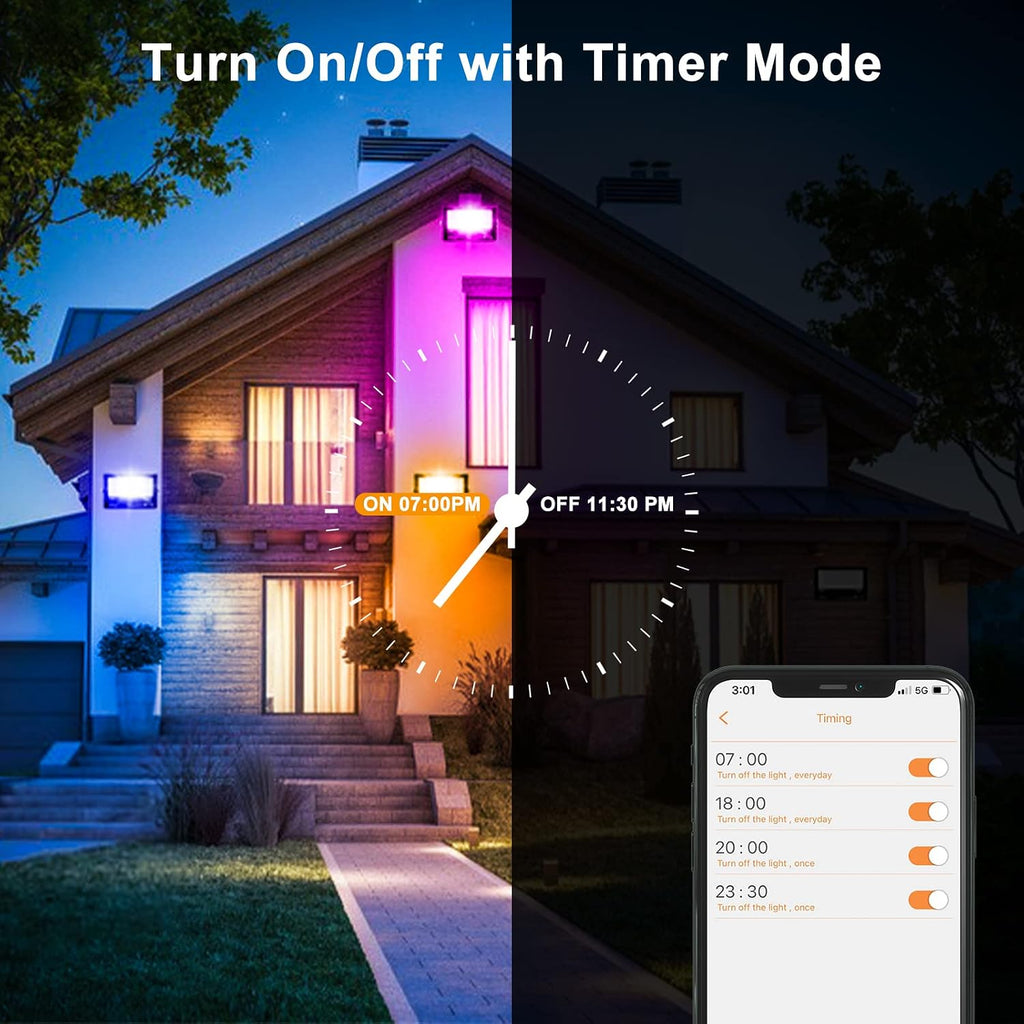 LED Flood Light Outdoor 800W Equivalent 8000LM, Smart RGB Color Changing Landscape Lighting with APP Control, IP66 Waterproof Outdoor LED Lights Daylight 5700K, DIY Scenes, Timing Floodlights, 4 Pack