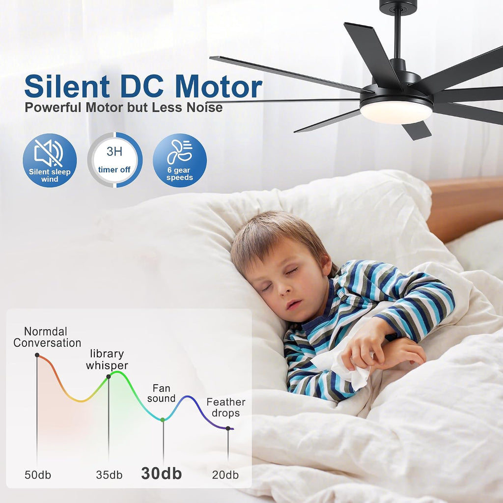 Ceiling Fans with Lights and Remote - 62 Inch Black Modern Ceiling Fan with Light for Bedroom Living Room Kitchen Indoor - 6 Speed Reversible DC Motor Timer 3 CCT Dimmable