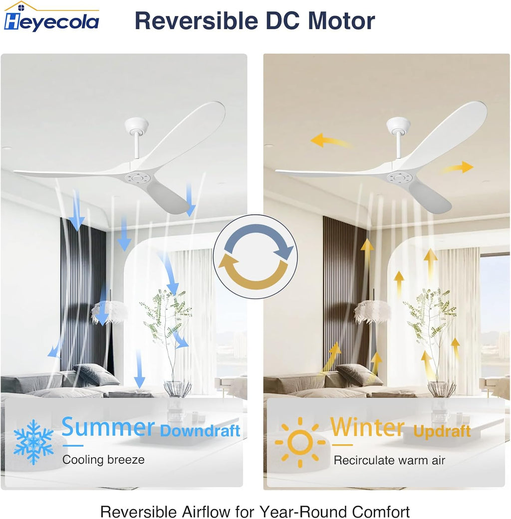 Ceiling Fans Without Light,60 Inch Outdoor Ceiling Fans no Light, 3 Blade Solid Wood Ceiling Fan with Remote Control for Patios Living Room Bedroom Porch. (White Blades + White Body, 60inch)