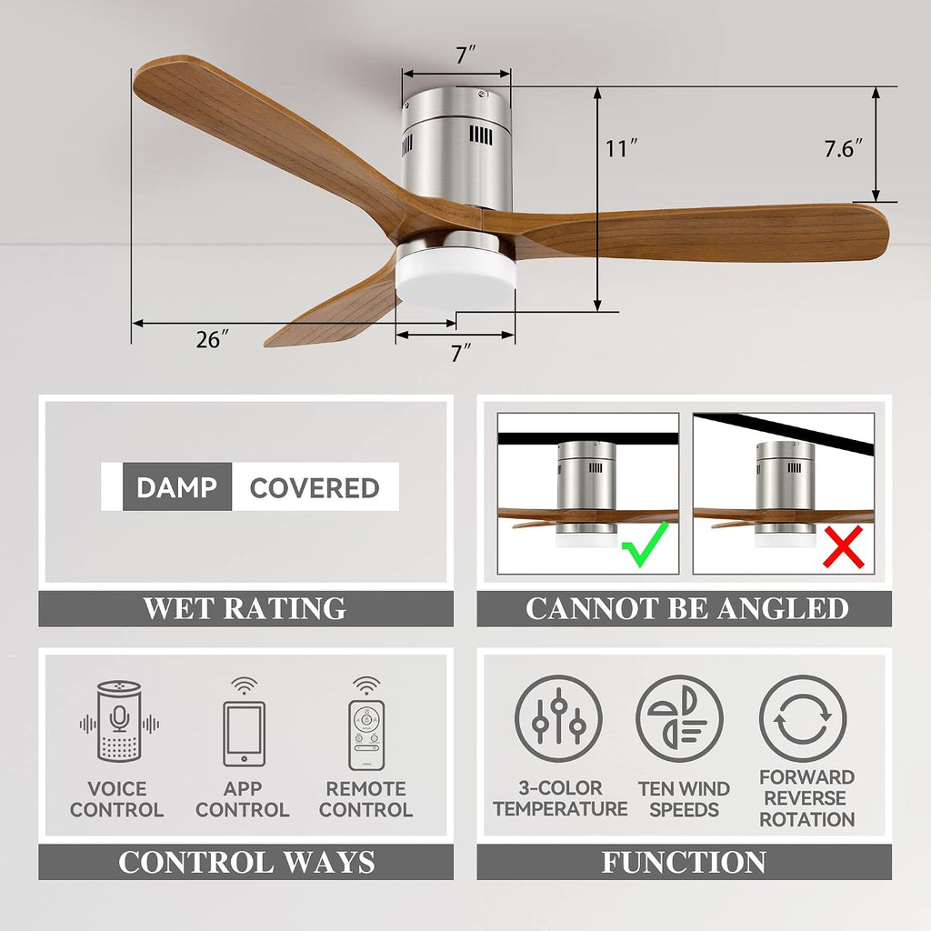 Smart Flush Mount Ceiling Fan with Lights Brush Nickel ,52 Inch WIFI Low Profile Ceiling Fans Remote Control,3 Solid Wood Blade Reversible Fan,Timer & Schedule,Works with Alexa, Google, Siri Shortcut