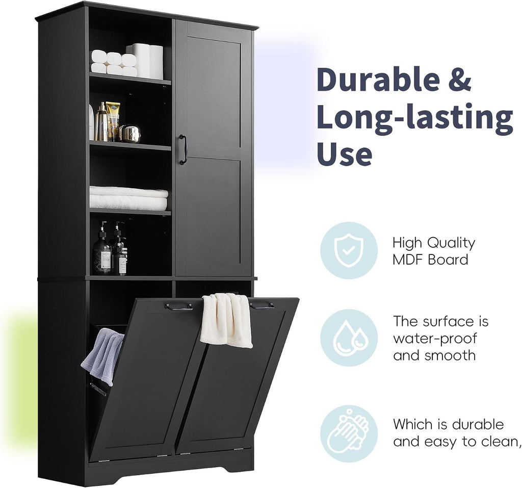 Merax Cabinet with Tilt-Out Laundry Hamper Basket, Tall Bathroom Storage Organizer Linen with Open Shelf for Home, Freestanding, Black