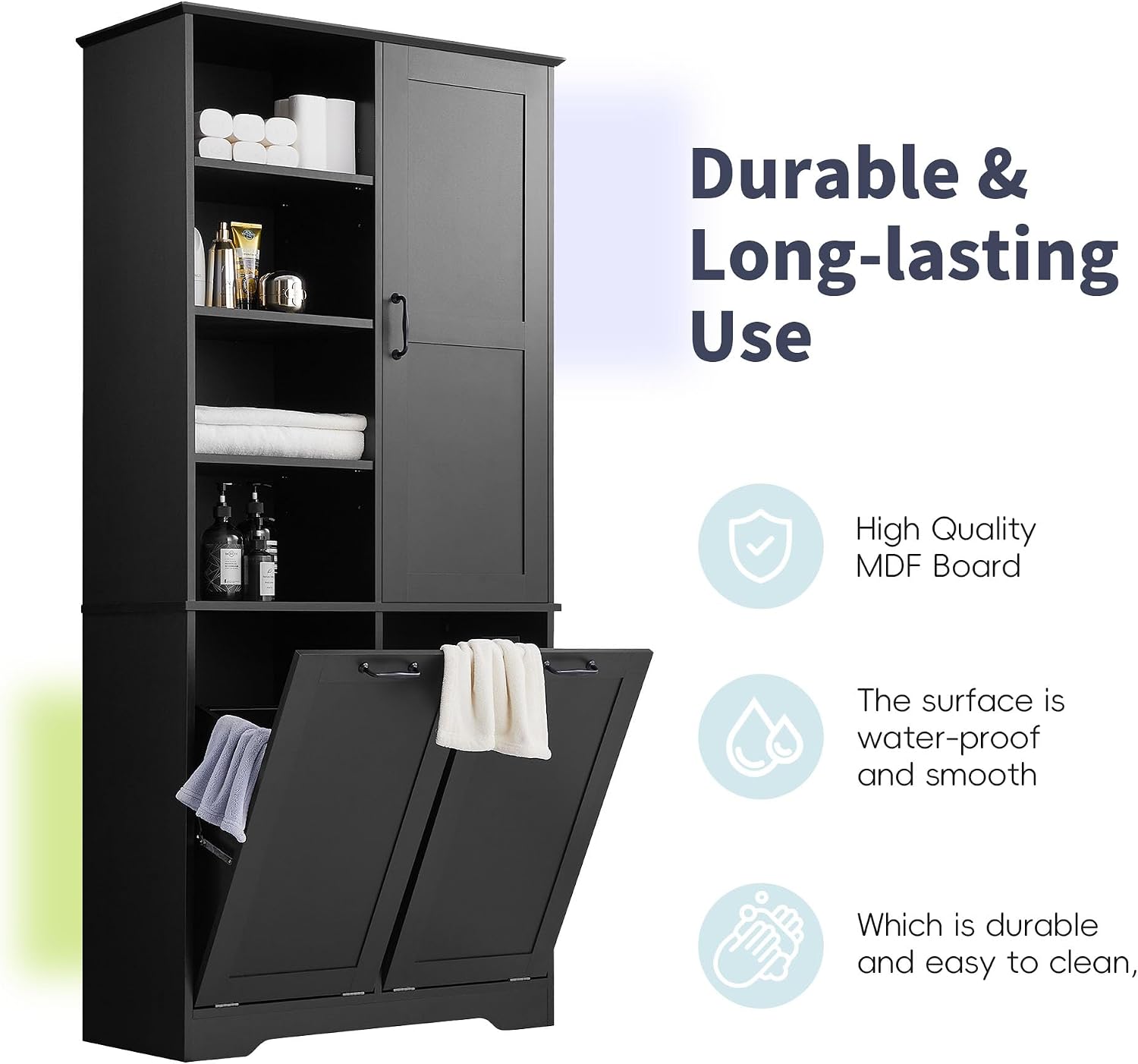 Merax Cabinet with Tilt-Out Laundry Hamper Basket, Tall Bathroom Storage Organizer Linen with Open Shelf for Home, Freestanding, Black