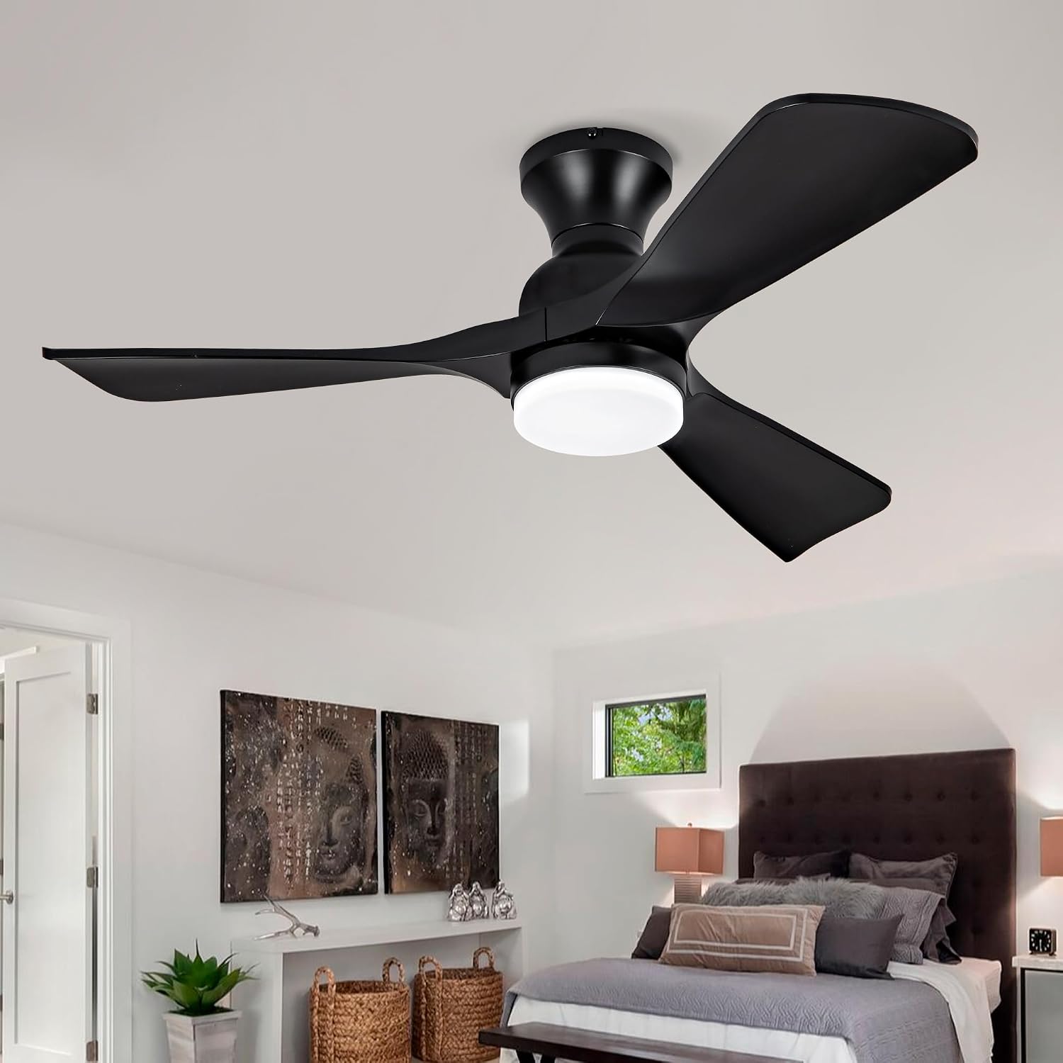 42 Inch Black Ceiling Fan with Lights Flush Mount Ceiling Fan with Remote Control, ABS Blades Outdoor Ceiling Fans for Bedroom,Farmhouse,Patio,Indoor, Quiet DC Motor