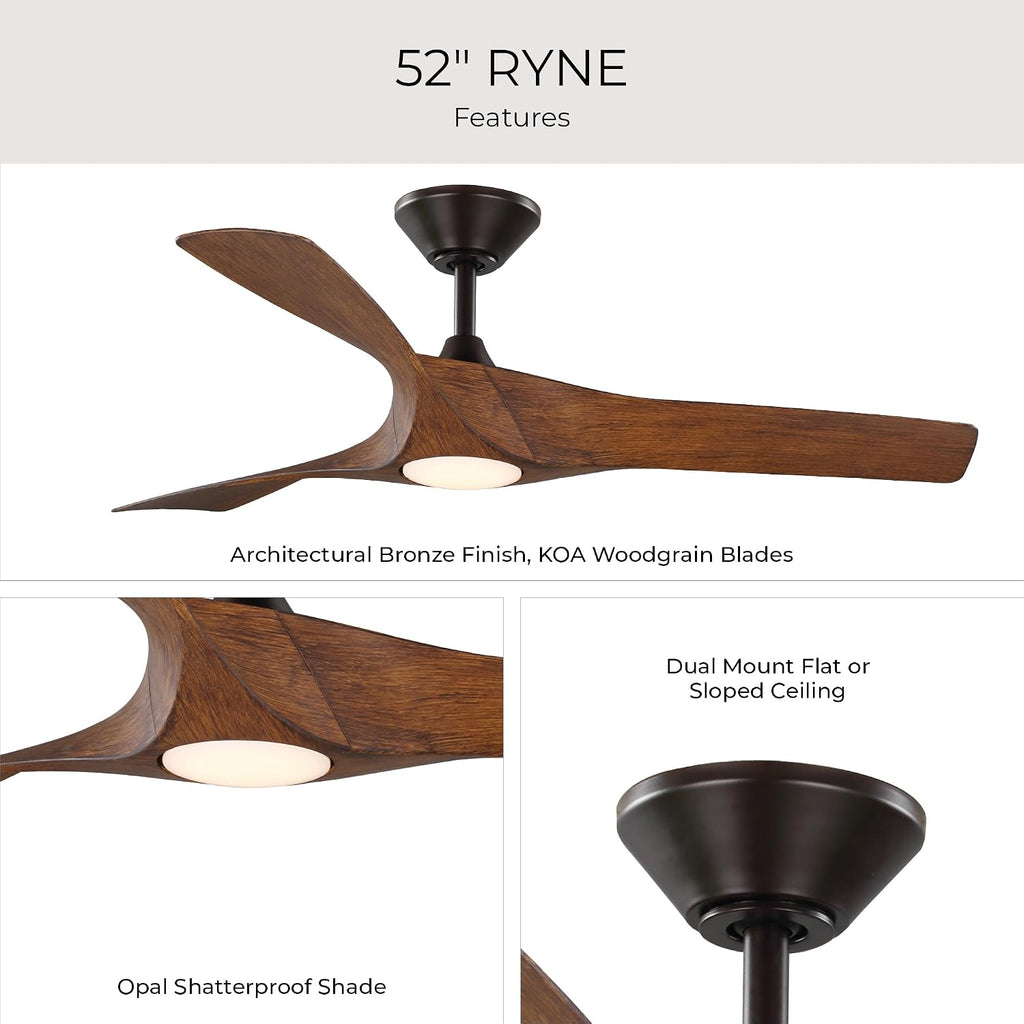 Progress Lighting Ryne Collection 52-Inch 3-Blade Woodgrain LED DC Motor Transitional Indoor/Outdoor Ceiling Fan, Brown