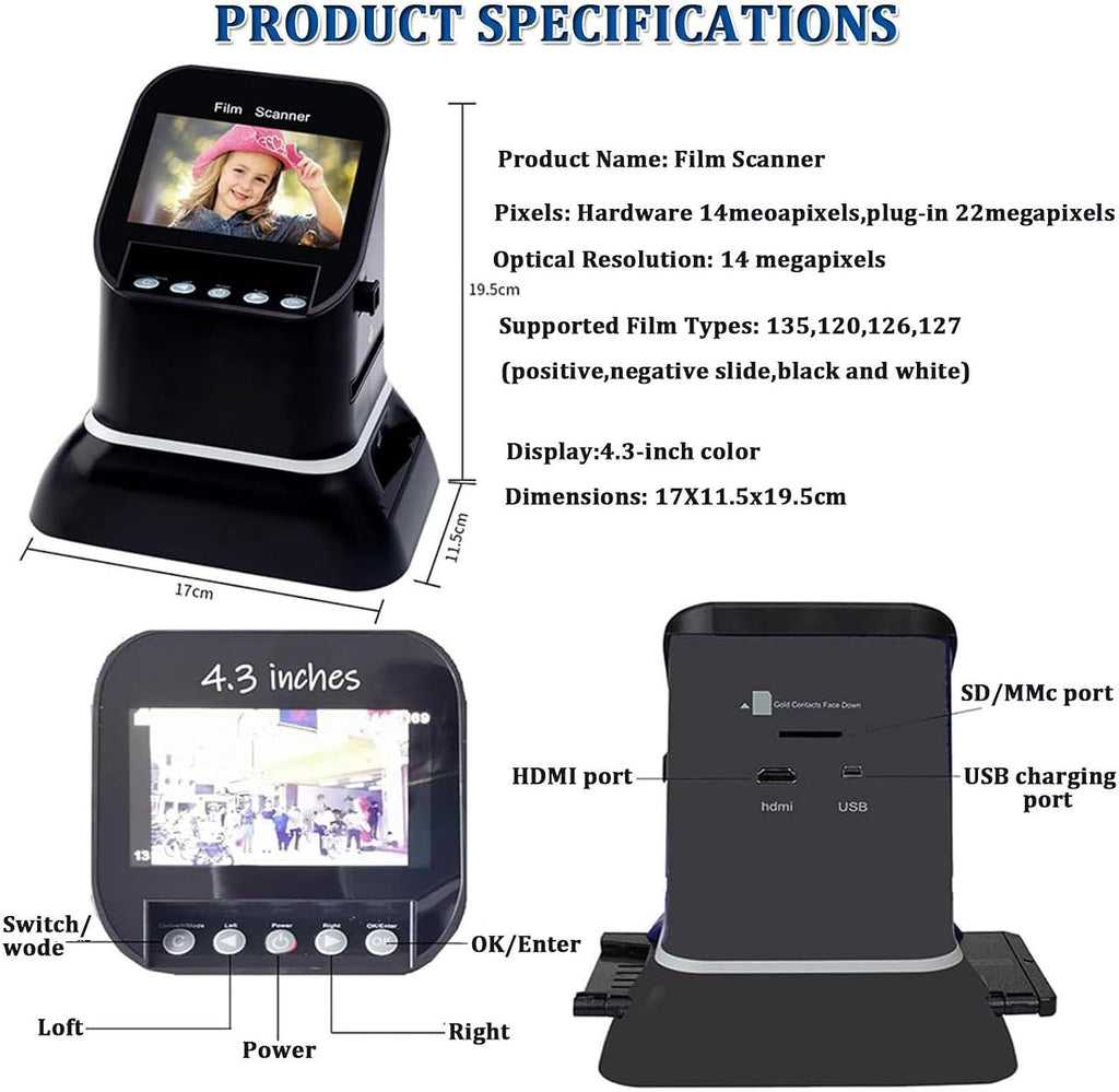 Slide Negative Scanner,22MP High Resolution Film Slide Scanner Negative Scanner, 4.3' LCD All-in-One Digital Converter with 128MB Memory for Old Photo Slides & Films