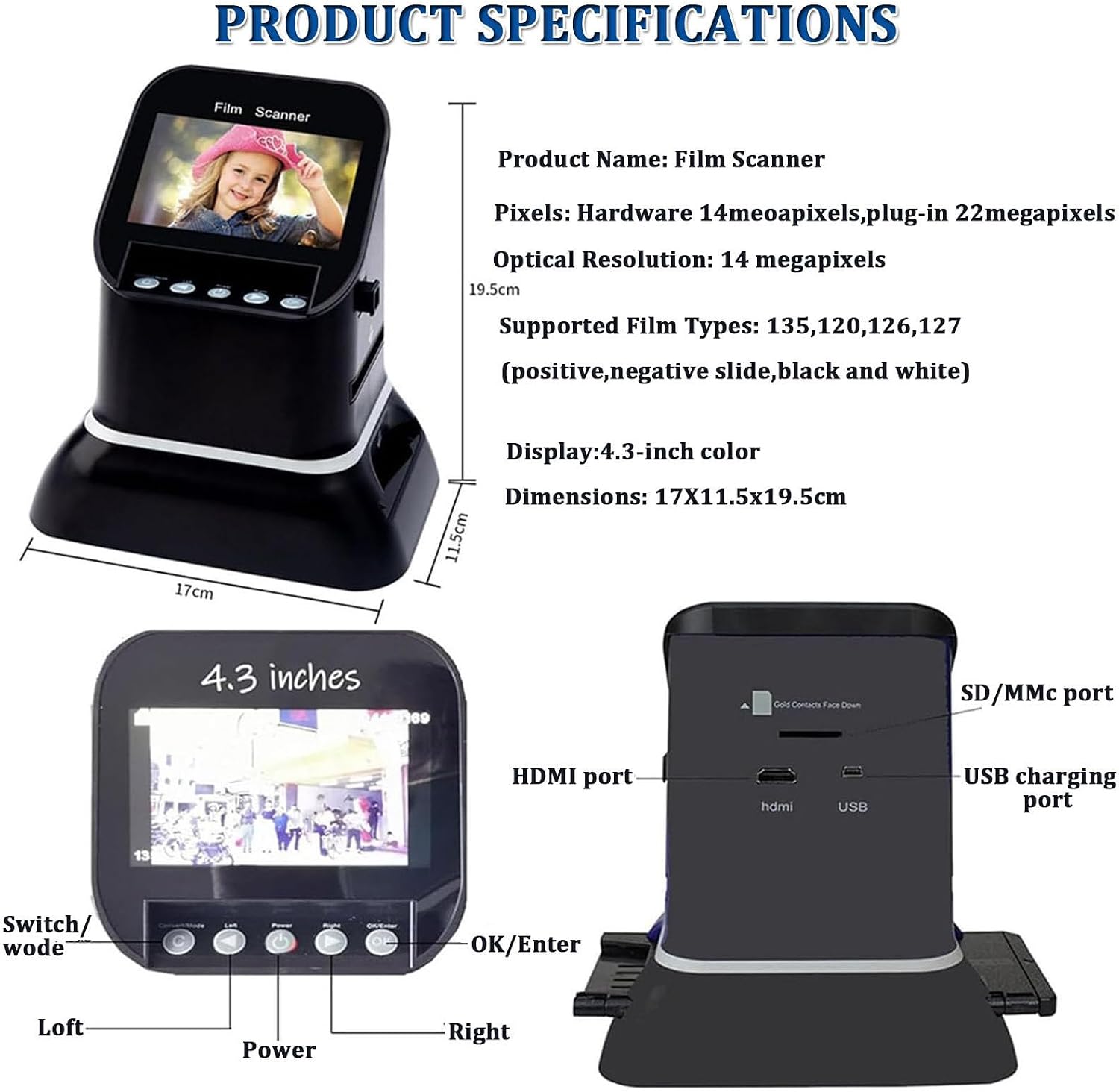 Slide Negative Scanner,22MP High Resolution Film Slide Scanner Negative Scanner, 4.3' LCD All-in-One Digital Converter with 128MB Memory for Old Photo Slides & Films