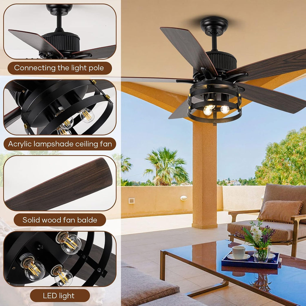 52 Inch Ceiling Fan with Light, Farmhouse Ceiling Fan with 5 Wood Dual Finish Blades,DC Motor Ceiling Fan High Airflow,Indoor Outdoor Ceiling Fans for Patios,Living Room(52Inch,Black)