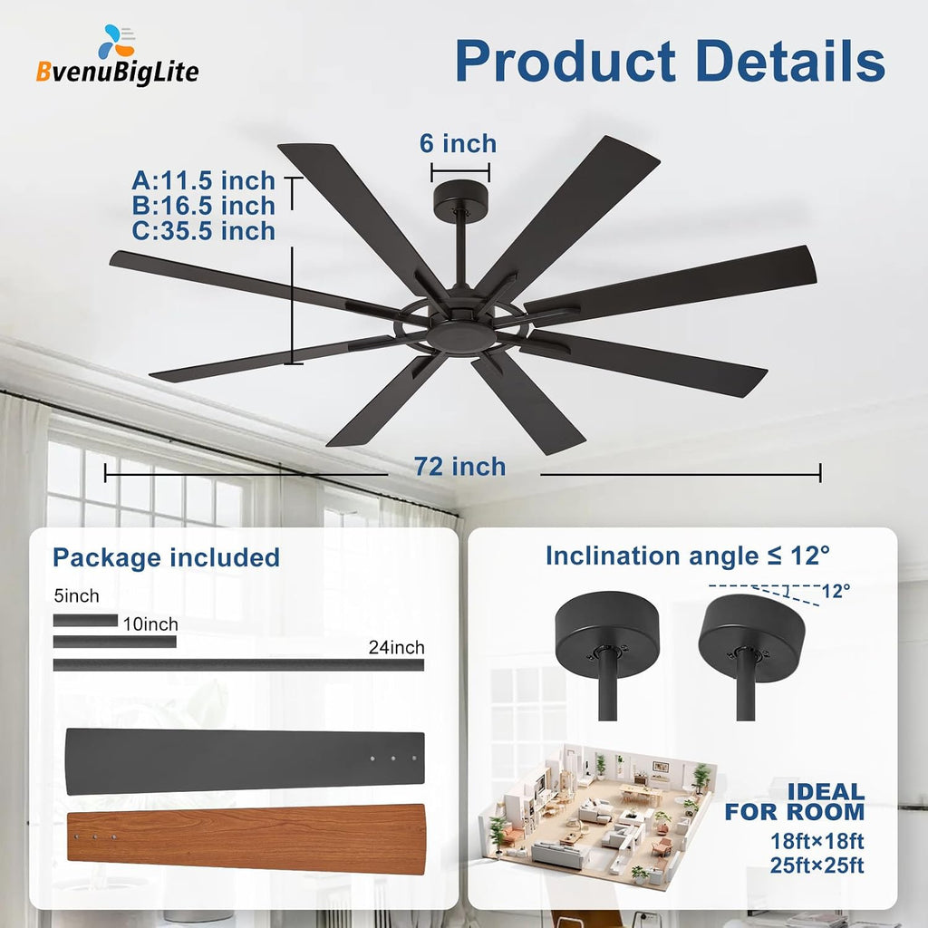Large Ceiling Fan No Light: Modern 72 Inch 8 Blade Outdoor Ceiling Fans with Remote APP Control - Black Big Fan without Light Indoor Reversible 6 Speed Quiet DC Motor