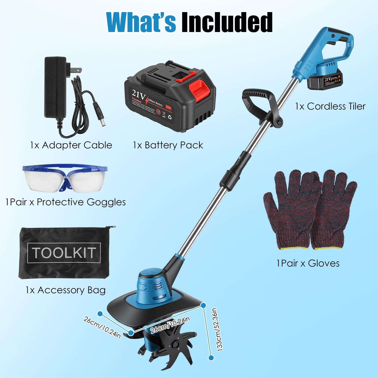 KOCASO 800W 21V Cordless Tiller Cultivator Powered Tiller with 8.66' Width 6.69' Depth Manganese Steel Tines for Soil Cultivation Weeding Gardening