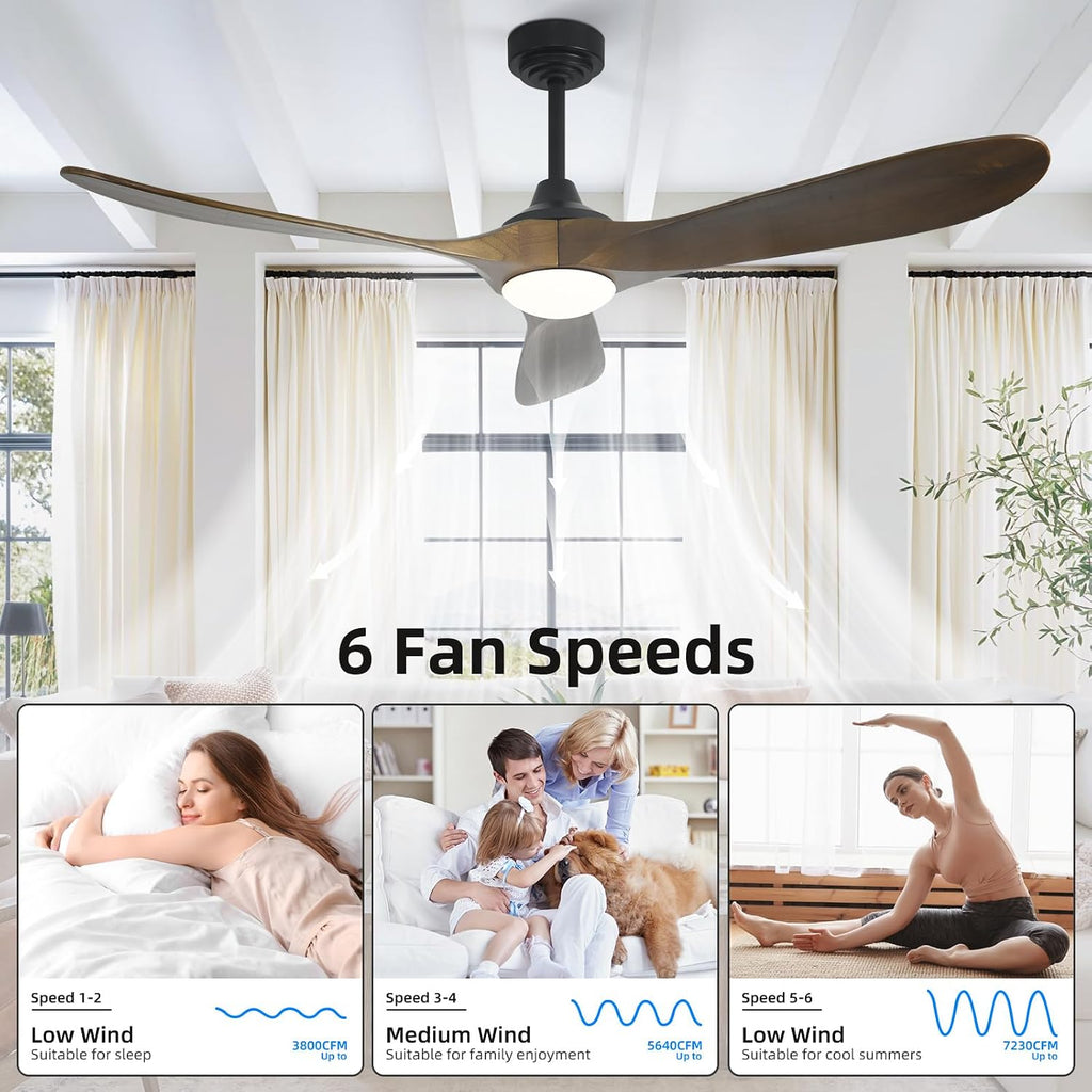 60' Outdoor Ceiling Fan with Light 3 Downrods, Smart Wood Ceiling Fan Compatible with Alexa/Google/App, 3 Blades Modern Walnut Wood Ceiling Fans for Kitchen Living Room Patio,Bronze