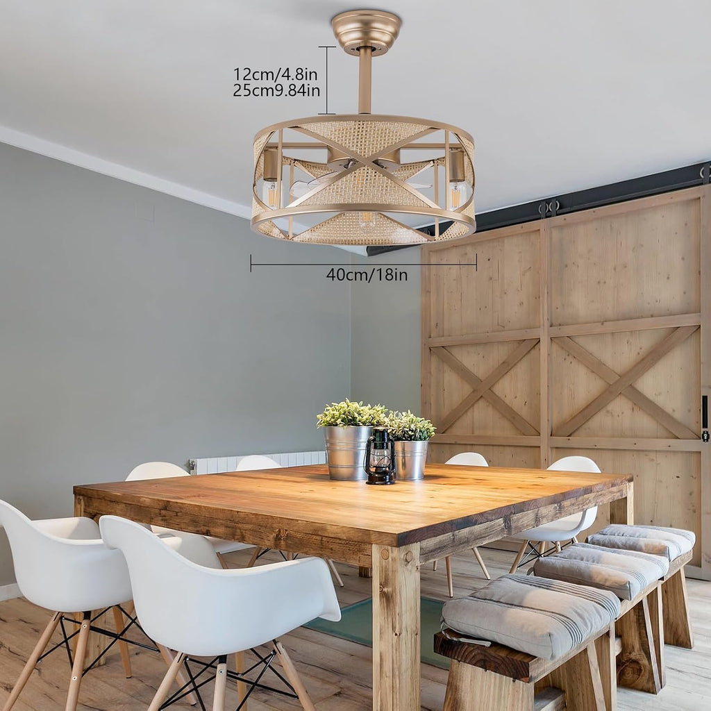 Caged Fandelier Ceiling Fan with Light, with Remote Control & 6 Speed Regulation, Farmhouse Rustic Bladeless Chandelier Retro Lighting Fixture Bedroom, Living Room, Dining Room, Kitchen, Commercial