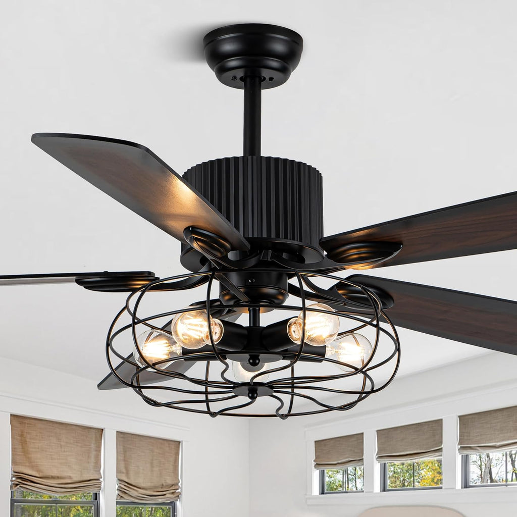 NA 52'' Retro Industrial Ceiling Fan with Iron Cage, Remote Control&Pull Chains, 5 Wood Reversible Blades, Vintage Pendant Light Fan for Bedroom/Living room/Dining room Black