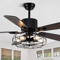 NA 52'' Retro Industrial Ceiling Fan with Iron Cage, Remote Control&Pull Chains, 5 Wood Reversible Blades, Vintage Pendant Light Fan for Bedroom/Living room/Dining room Black