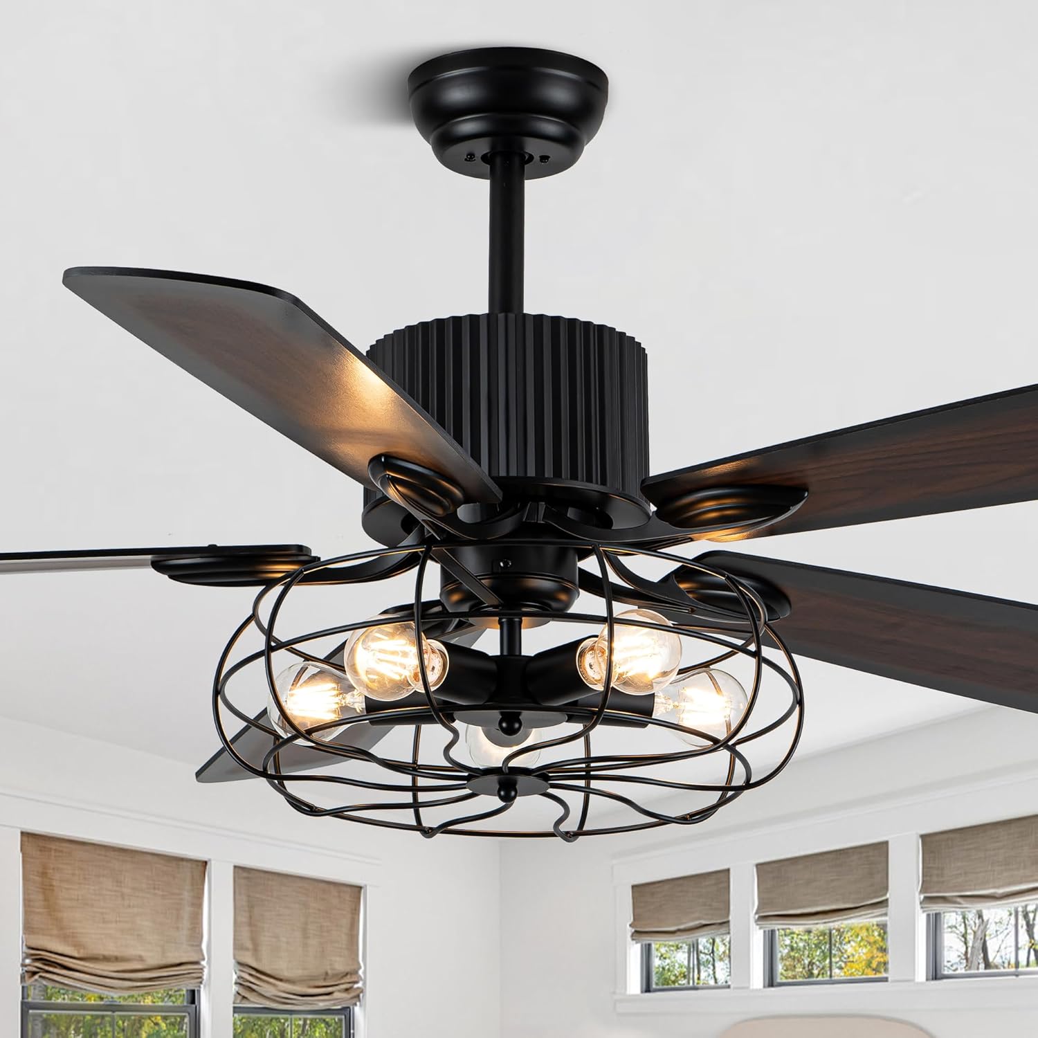 NA 52'' Retro Industrial Ceiling Fan with Iron Cage, Remote Control&Pull Chains, 5 Wood Reversible Blades, Vintage Pendant Light Fan for Bedroom/Living room/Dining room Black