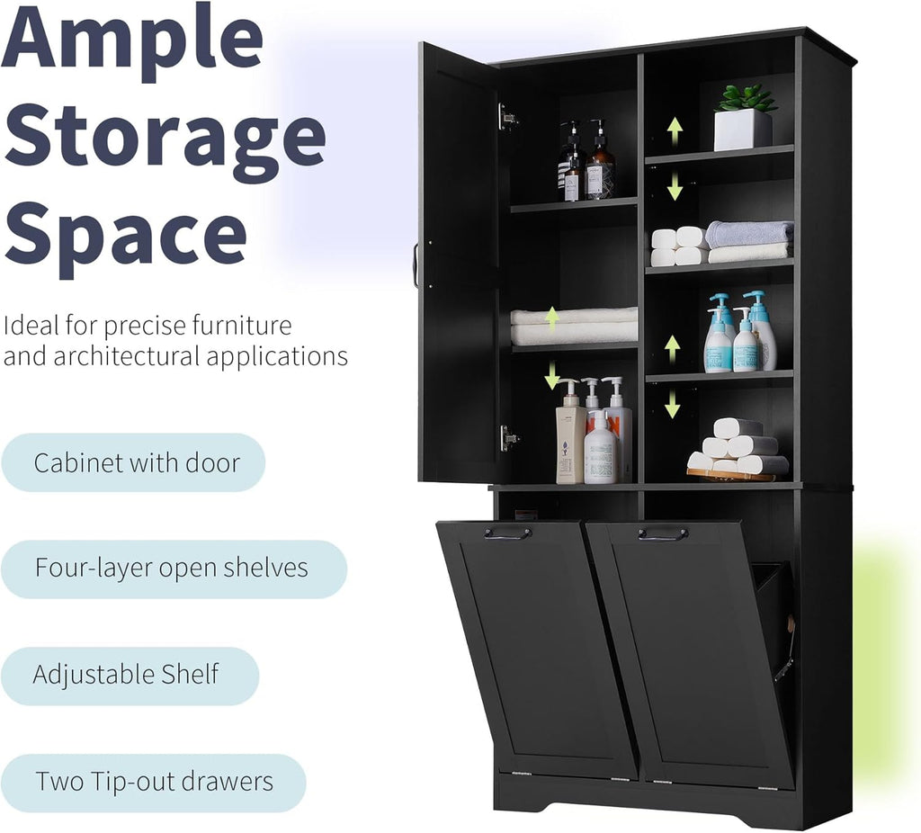 Merax Cabinet with Tilt-Out Laundry Hamper Basket, Tall Bathroom Storage Organizer Linen with Open Shelf for Home, Freestanding, Black