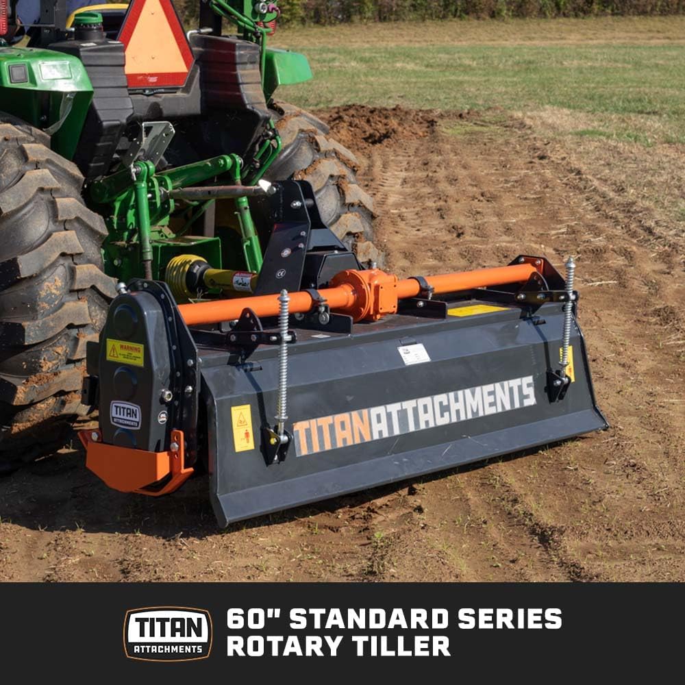 Titan Attachments 3 Point 60' Rotary Tiller Attachment Fits Cat 1 Tractors, Charcoal Finish, Single Speed PTO Driven Cultivator with a 540 RPM Gearbox, Replaceable L-Shaped Tines Work 5' Deep