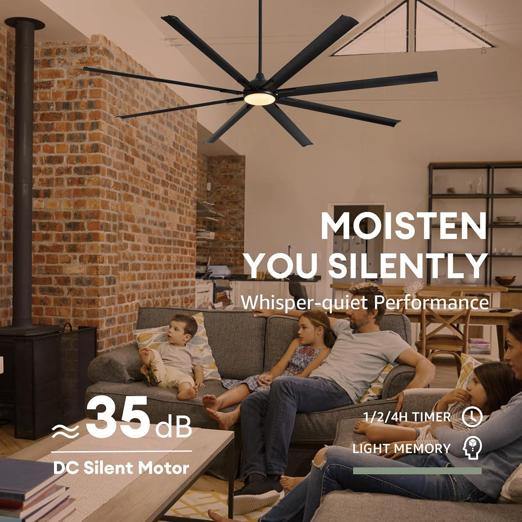 LuminFan 96 Inch Large Ceiling Fan with 8 Aluminum Blades, 6-Speed, 3-CCT, Turbo DC Motor, Remote Black Ceiling Fan for Living Room, Warehouse, Garage - Heavy-Duty Industrial Design