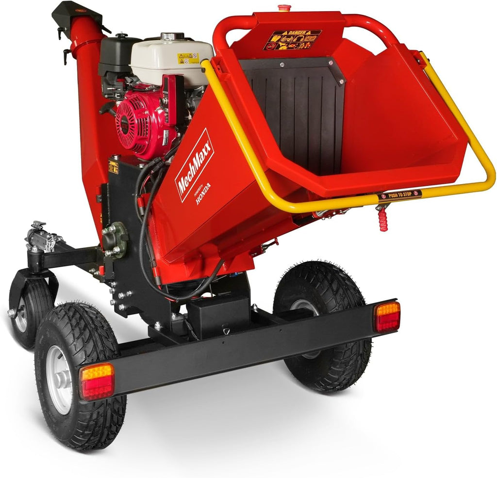 MechMaxx 6'' inch Honda 389cc 11.7HP Electric Start Gasoline Powered Engine 4-Wheels Towable Wood Chipper Shredder Mulcher with Towbar/Tail Light/Emergency Stop Button/Stop Bar, Model B150 Red