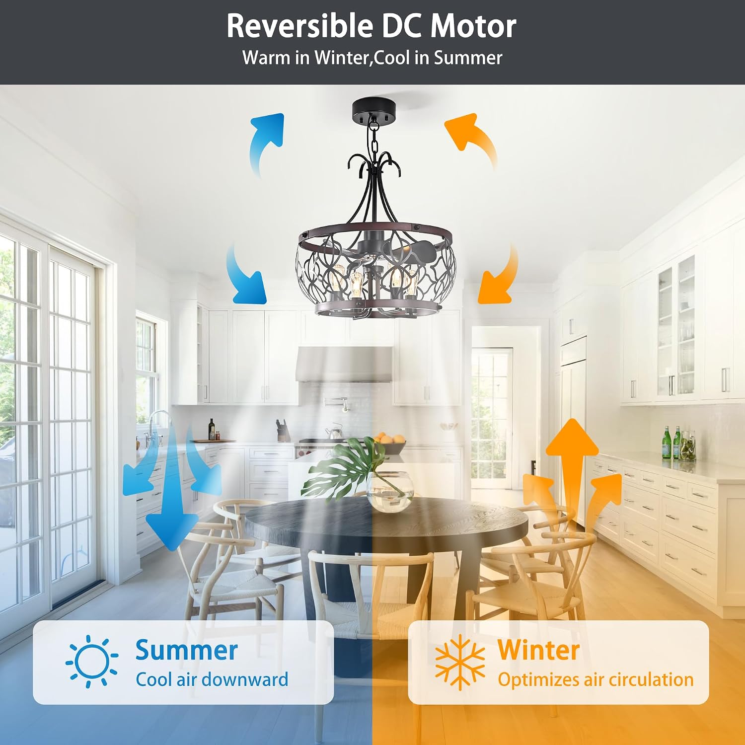 Garwarm 21 inch Ceiling Fans with Lights,Black Industrial Caged Flush Mount Ceiling Fans with Remote,Rustic Chandelier Ceiling Fan for Dining Room Bedroon Kitchen, 6 Speed Timing