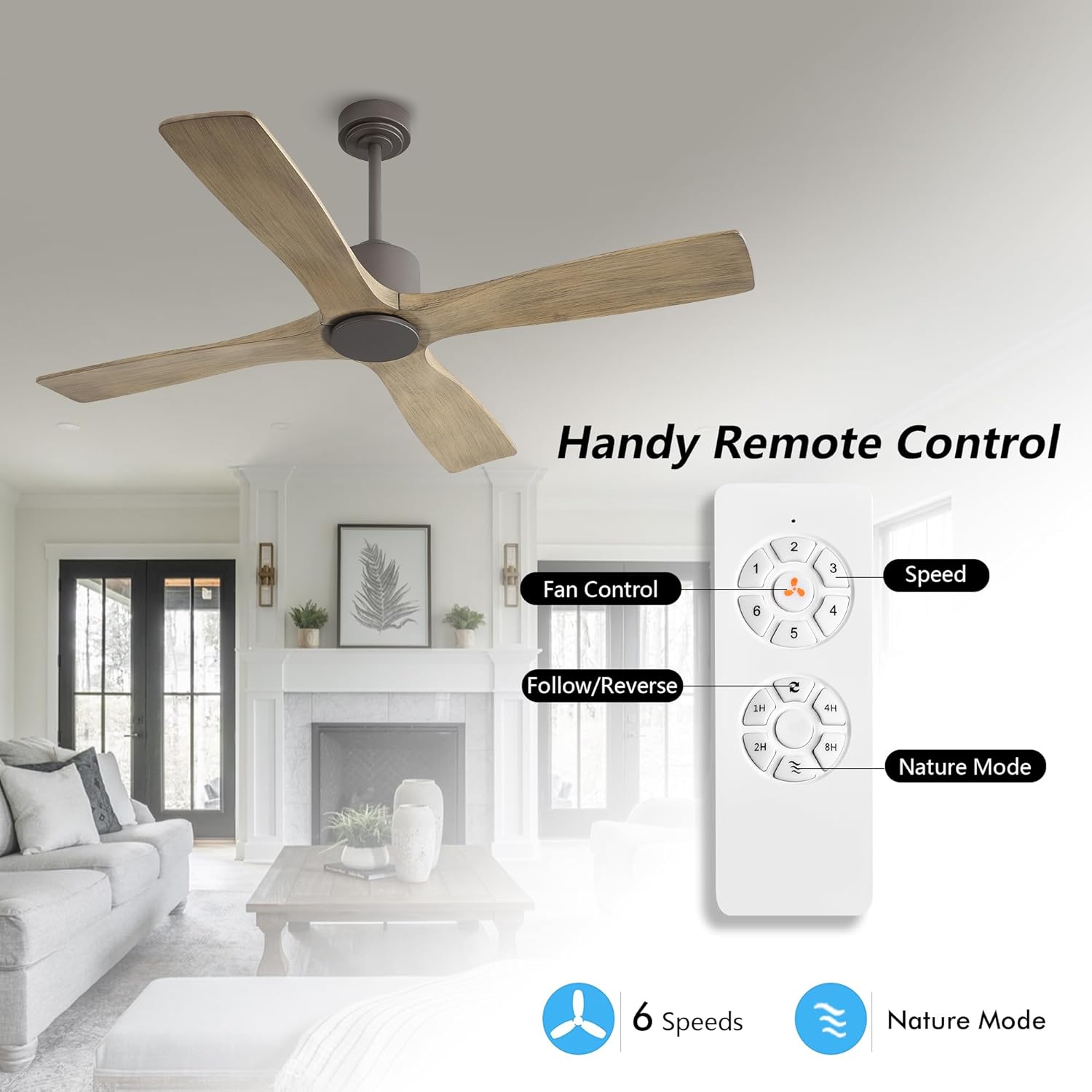 WINGBO 48 Inch DC Ceiling Fan without Lights, 4 Carved Solid Wood Blades, 6-Speed Noiseless Reversible DC Motor, Modern Ceiling Fan No Light with Remote, Graphite Finish with Gray Blades, ETL Listed