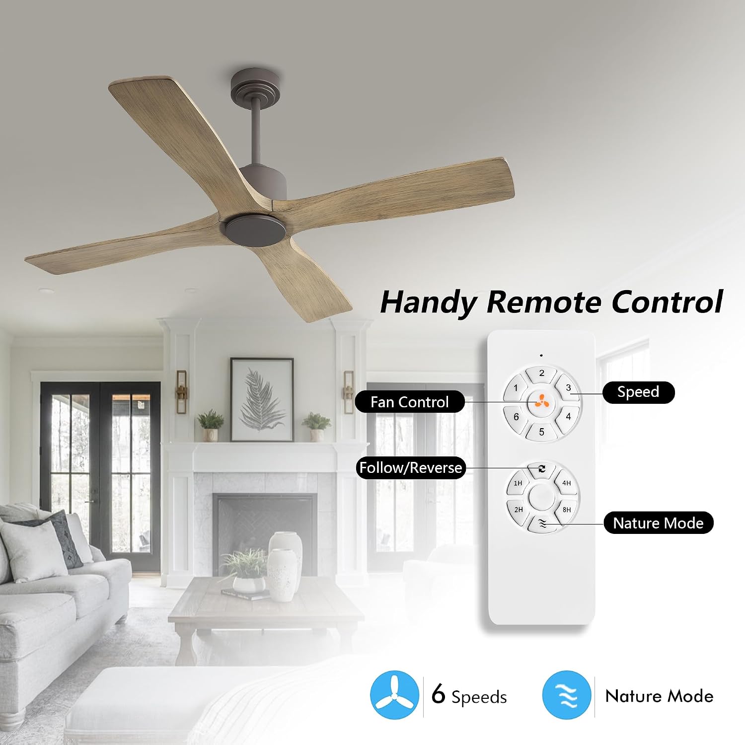 WINGBO 54 Inch DC Ceiling Fan without Lights, 4 Carved Solid Wood Blades, 6-Speed Noiseless Reversible DC Motor, Modern Ceiling Fan No Light with Remote, Graphite Finish with Gray Blades, ETL Listed