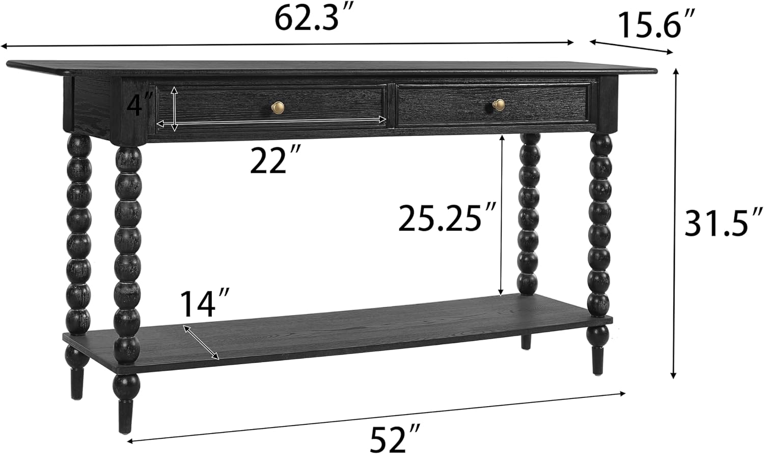 Christopher Knight Home Zeka Narrow Console Table with Storage, Wood Entryway Table with 2 Drawers and 1 Bottom Shelf, Retro Display Table with Unique Spherical Legs for Hallway, Living Room, Black