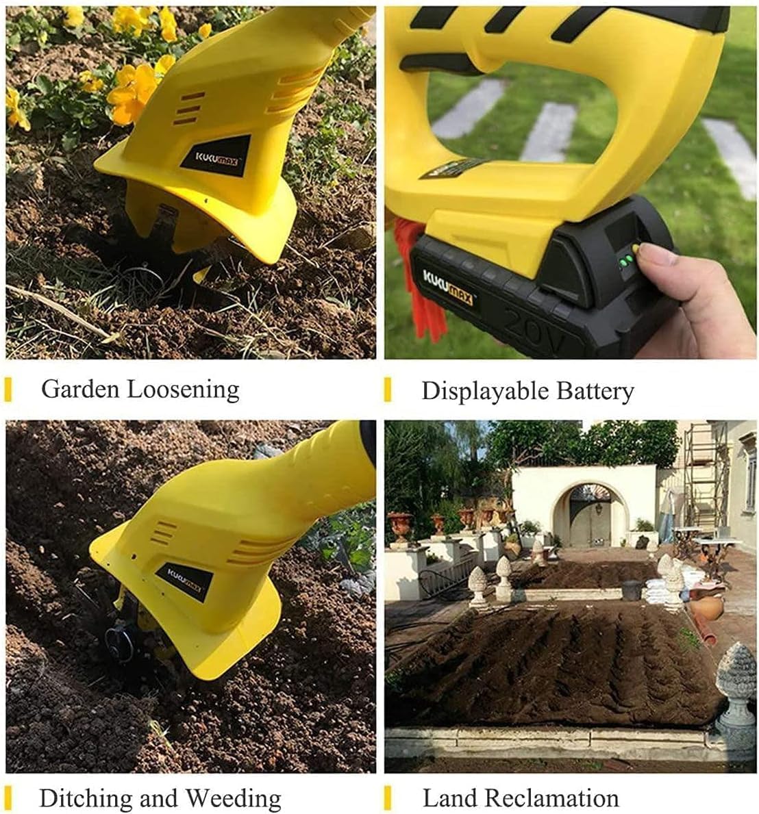 LXXW Electric Tiller 20V Garden Tiller Rotavators Portable Cordless Electric Rotavator, with 5200mAh Rechargeable Battery and Charger Electric Cultivator