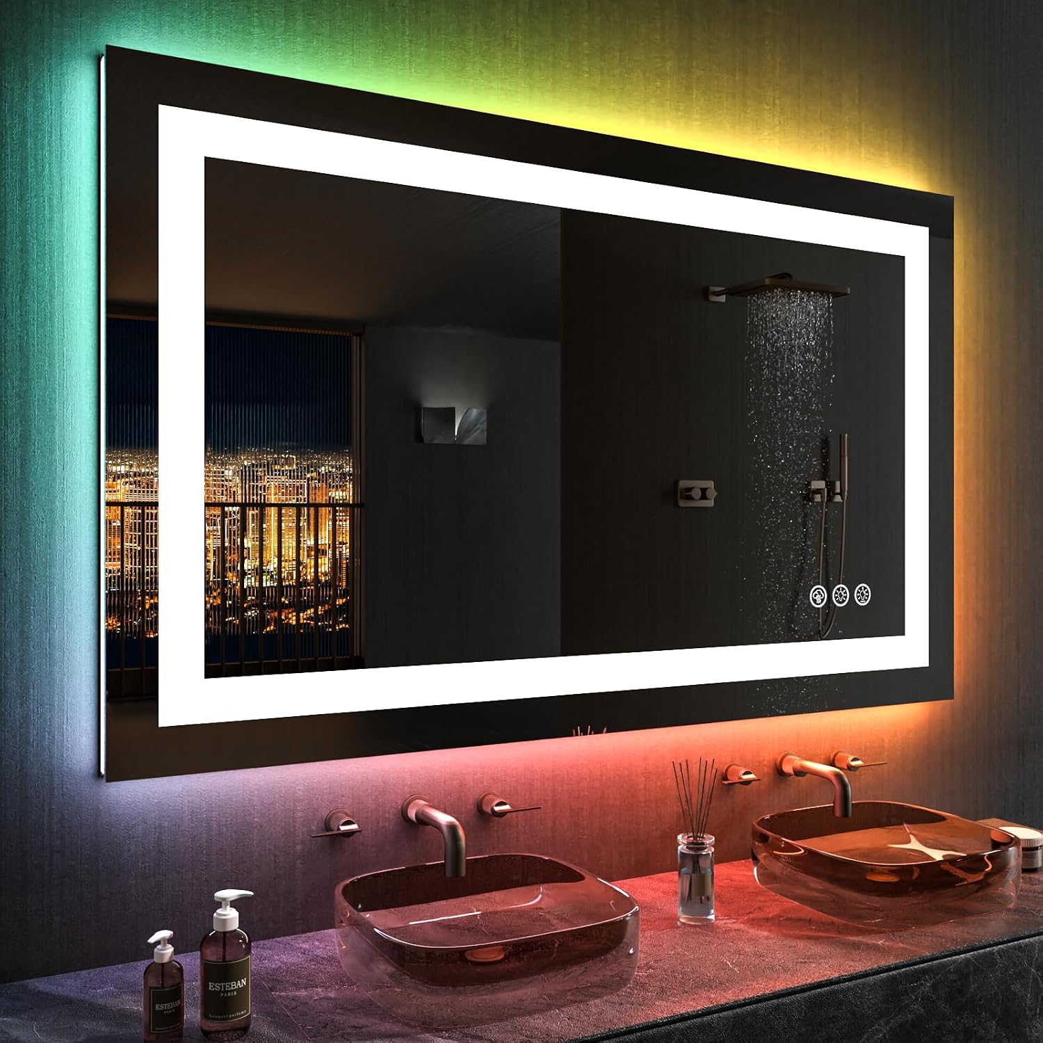 LOAAO 48'X32' LED Bathroom Mirror with Lights, Anti-Fog, Dimmable, RGB Backlit + Front Lighted, Bathroom Vanity Mirror for Wall, Memory Function