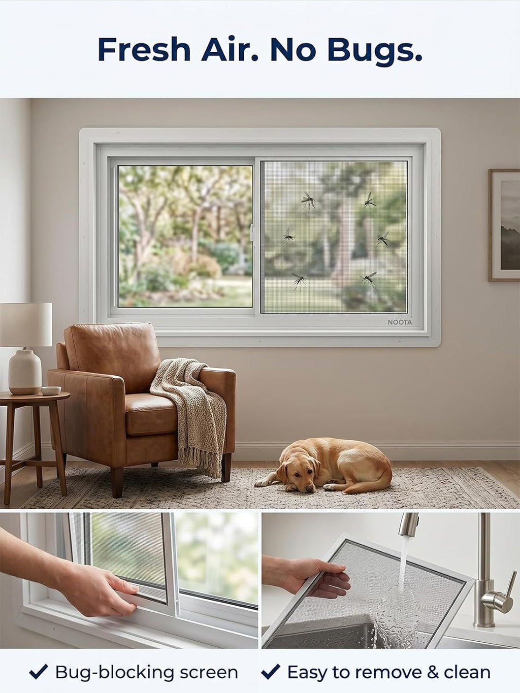 NOOTA EasyWing Basement Window 32' x 16' Double Tempered Glass, Removable Flange, Vinyl Basement Replacement Window