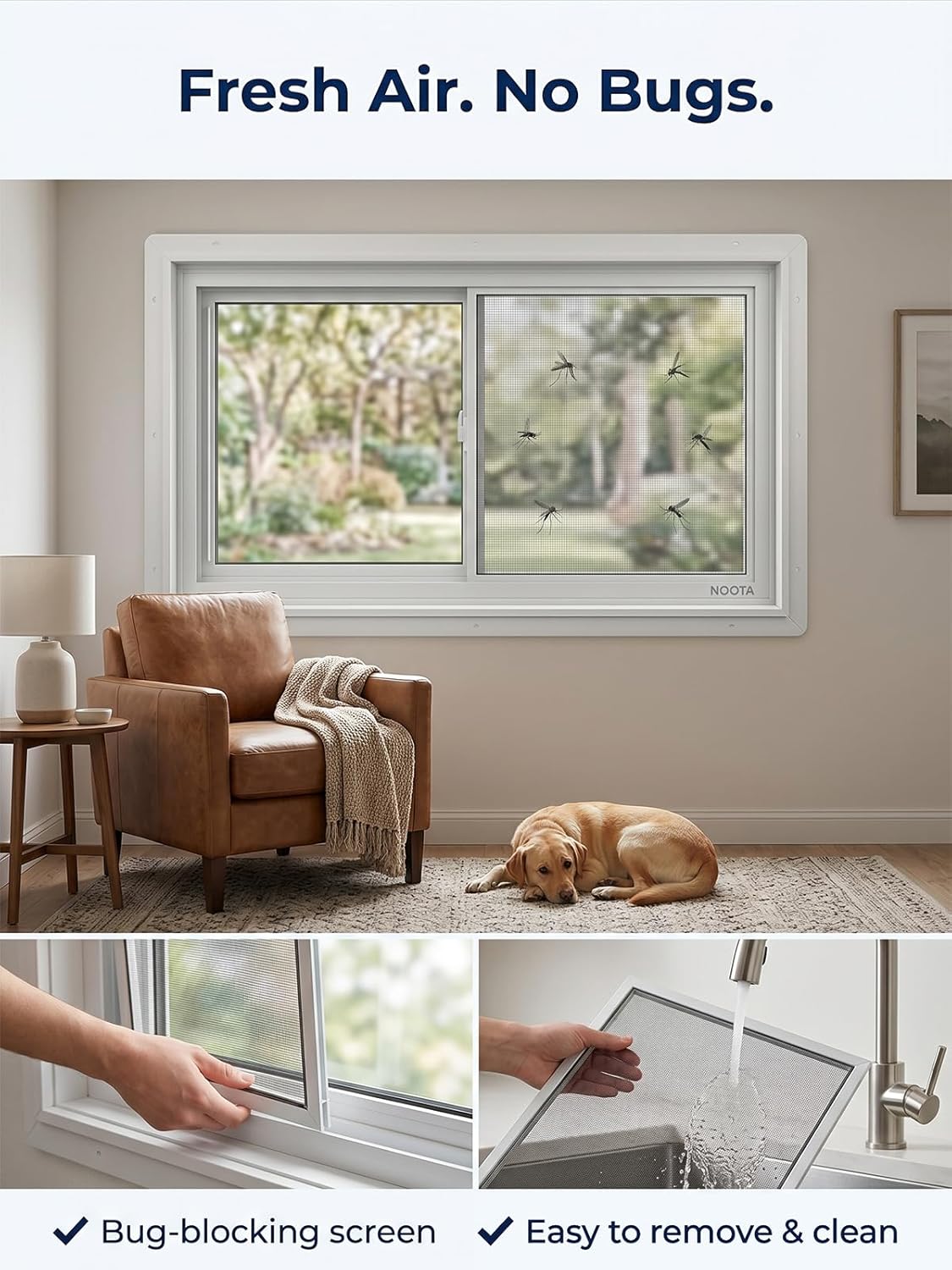 NOOTA EasyWing Basement Window 32' x 16' Double Tempered Glass, Removable Flange, Vinyl Basement Replacement Window
