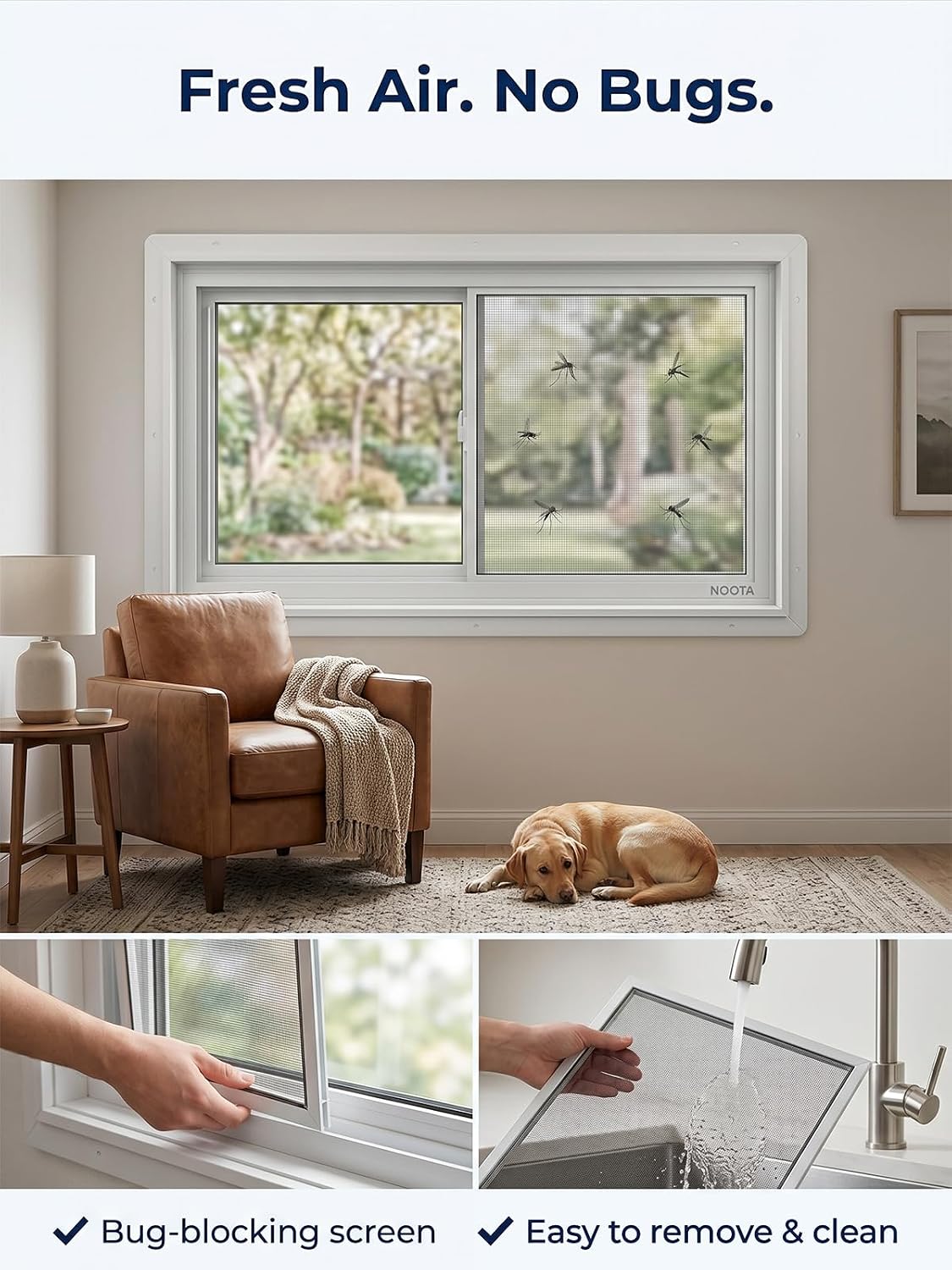 NOOTA EasyWing Basement Window 32' x 18' Double Tempered Glass, Removable Flange, Vinyl Basement Replacement Window